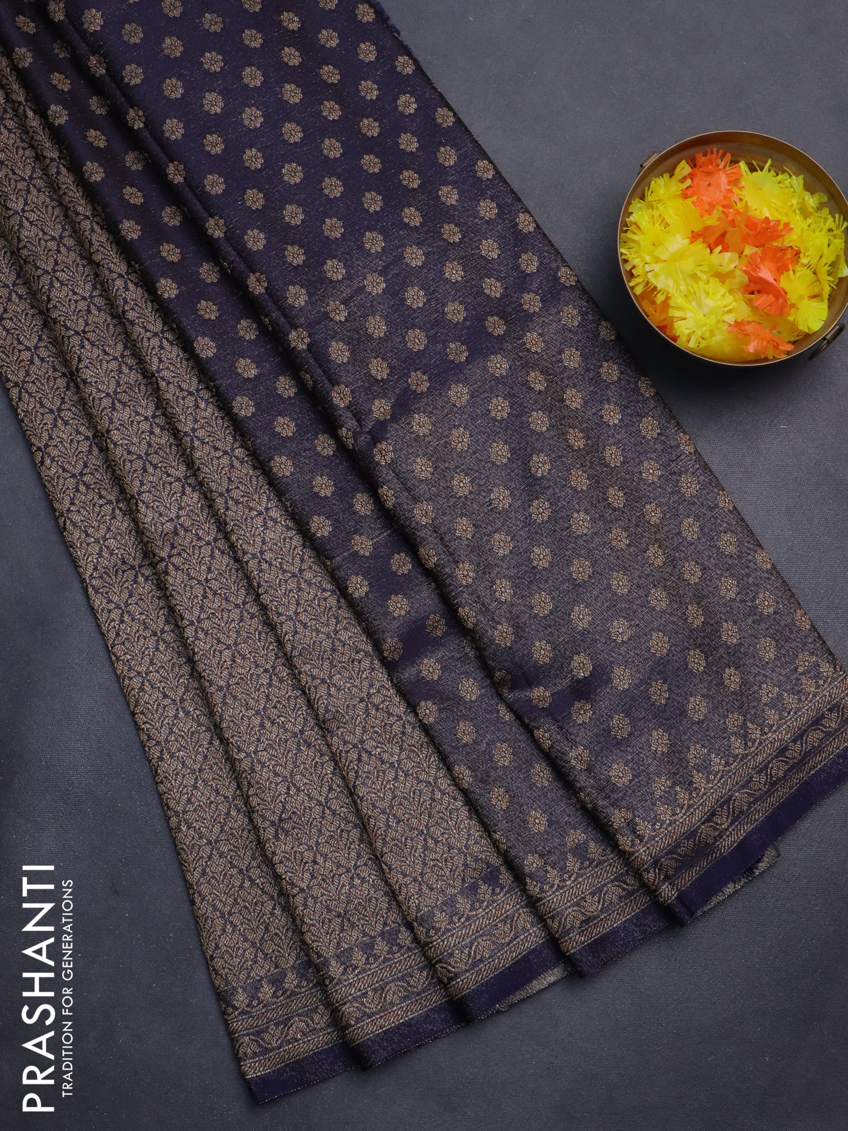 Banarasi semi silk saree navy blue with allover thread & zari weaves and woven border