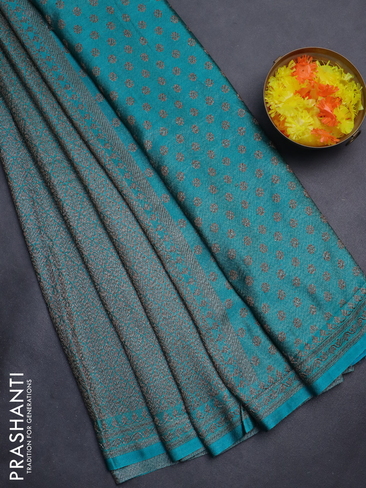 Banarasi semi silk saree teal blue with allover thread & zari weaves and woven border