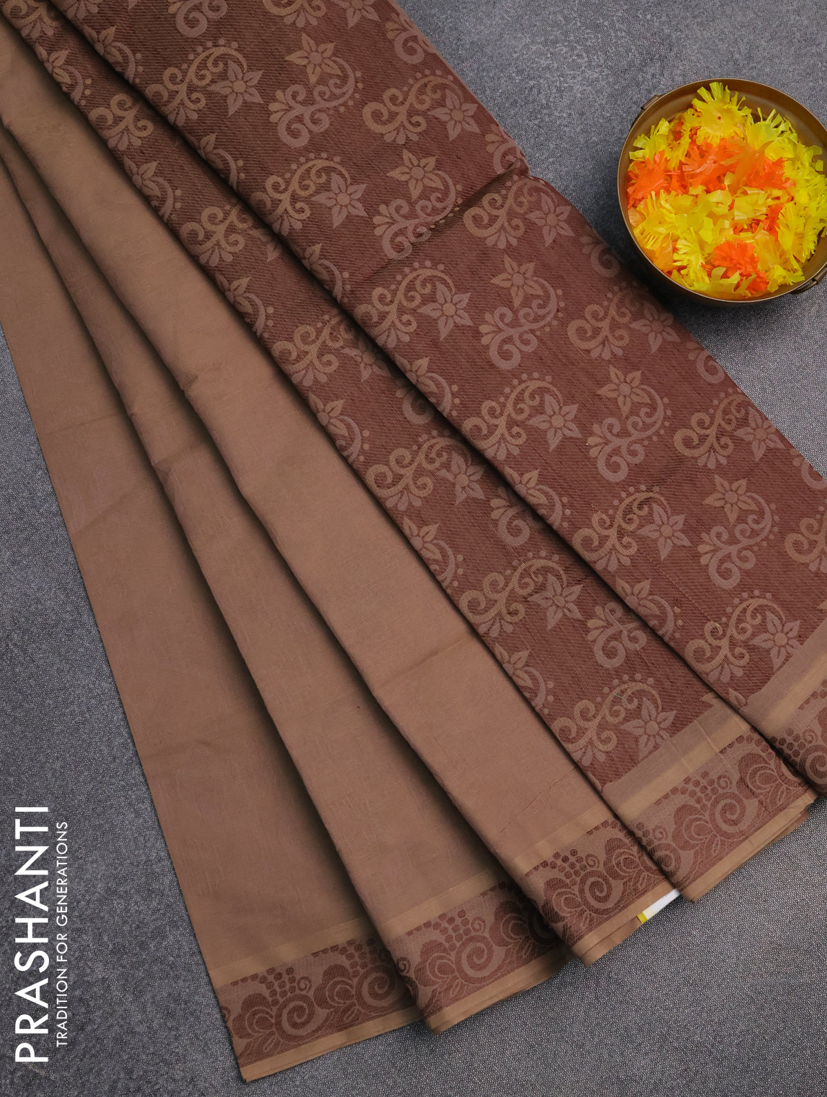 Coimbatore cotton saree pastel brown and coffee brown with allover self emboss and thread woven border