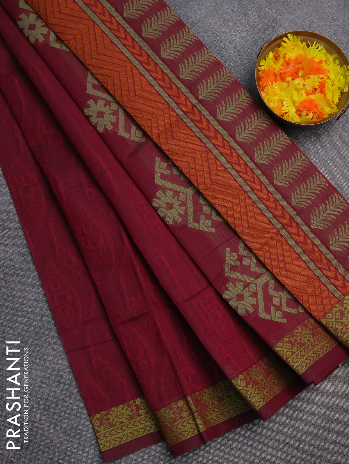 Coimbatore cotton saree magenta pink and light green with allover self emboss and thread woven border