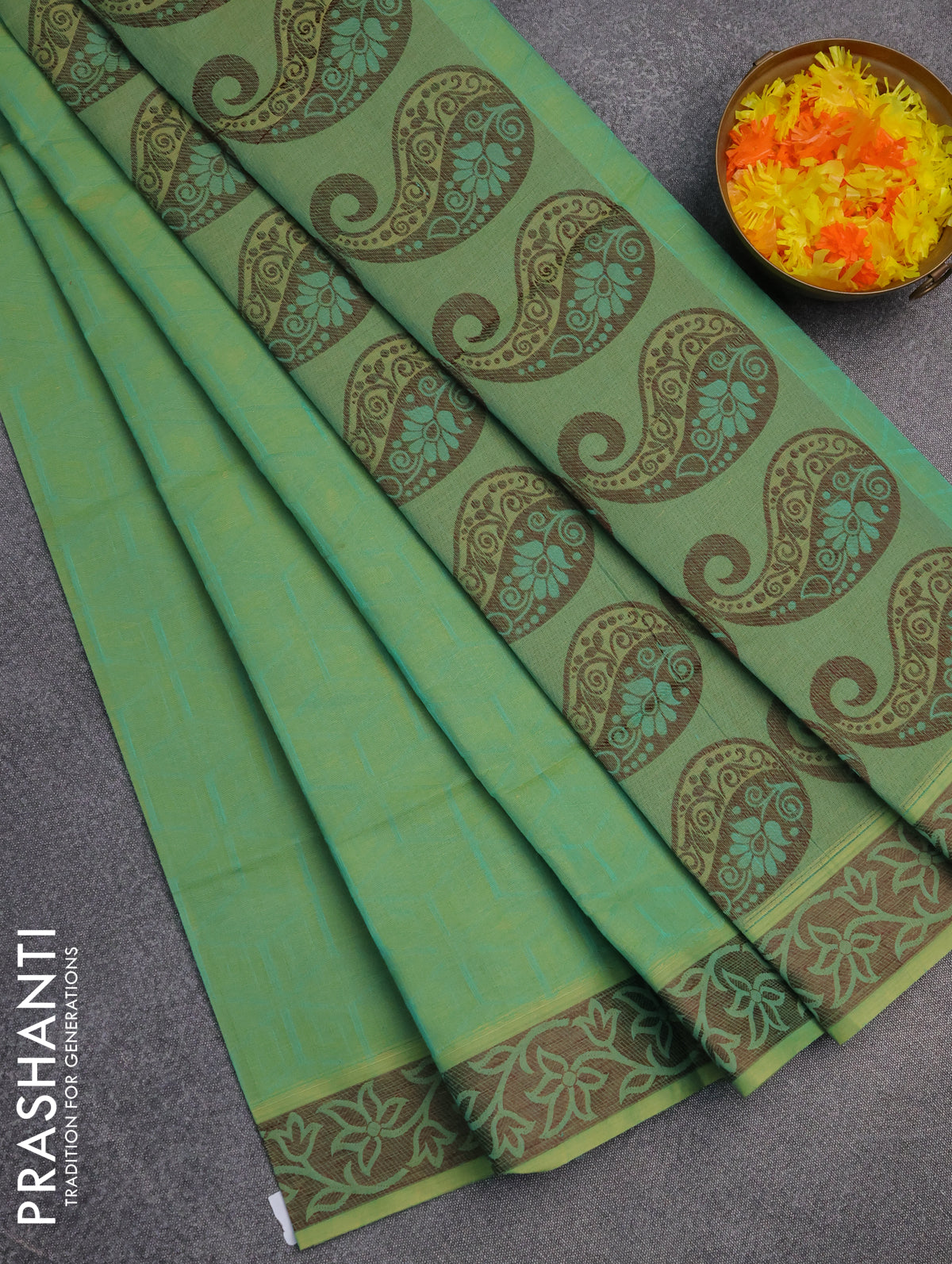 Coimbatore cotton saree dual shade of teal blue with allover self emboss and thread woven border