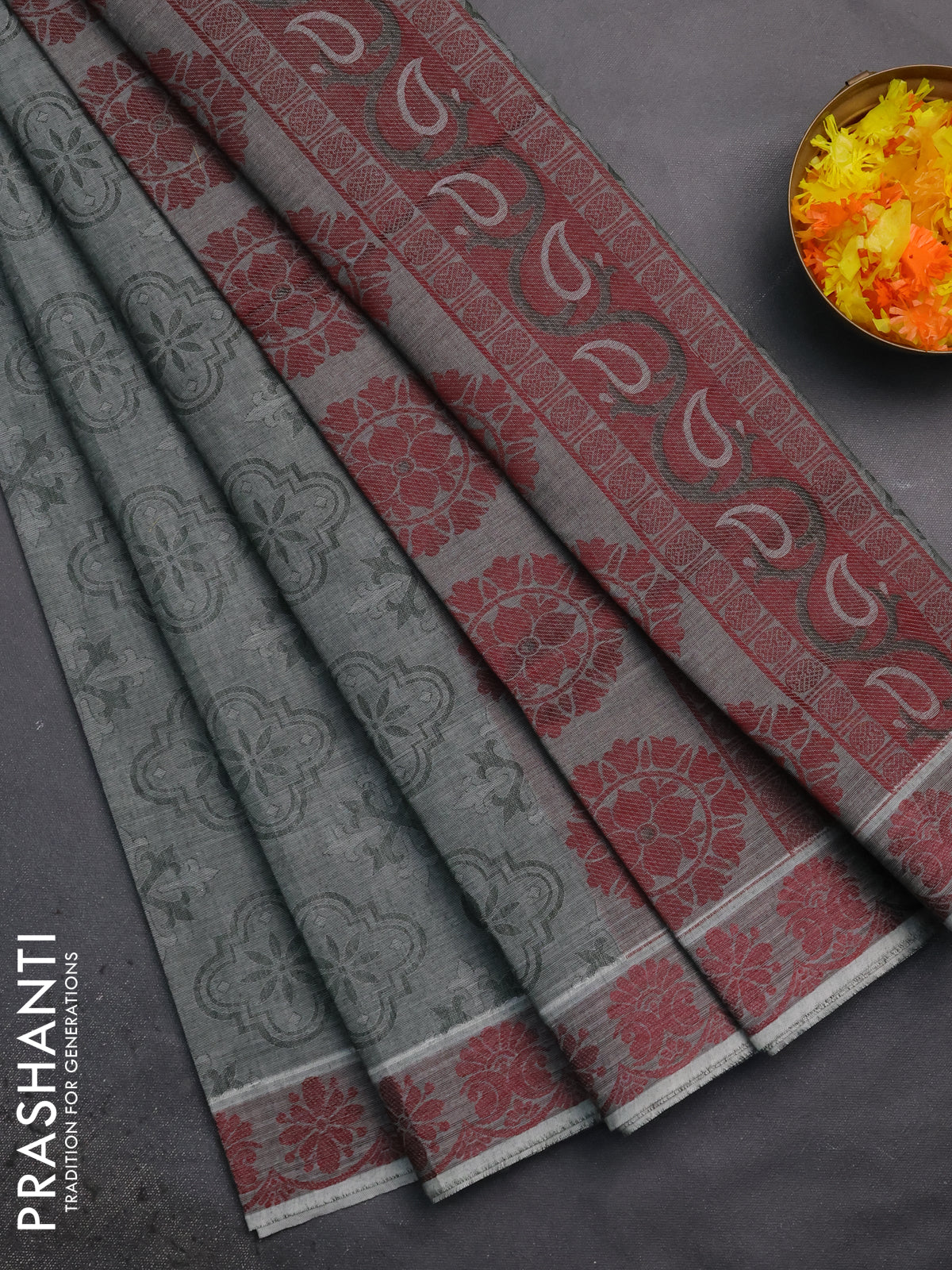 Coimbatore cotton saree greyish green and maroon with allover self emboss and thread woven border