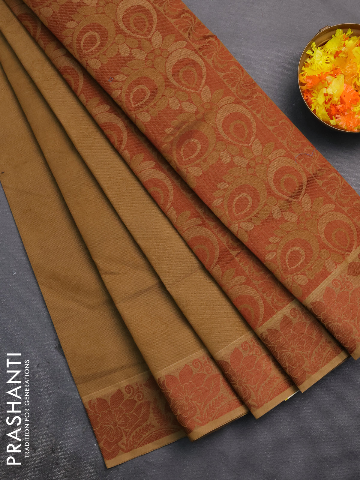 Coimbatore cotton saree dark sandal and brown with allover self emboss and thread woven border