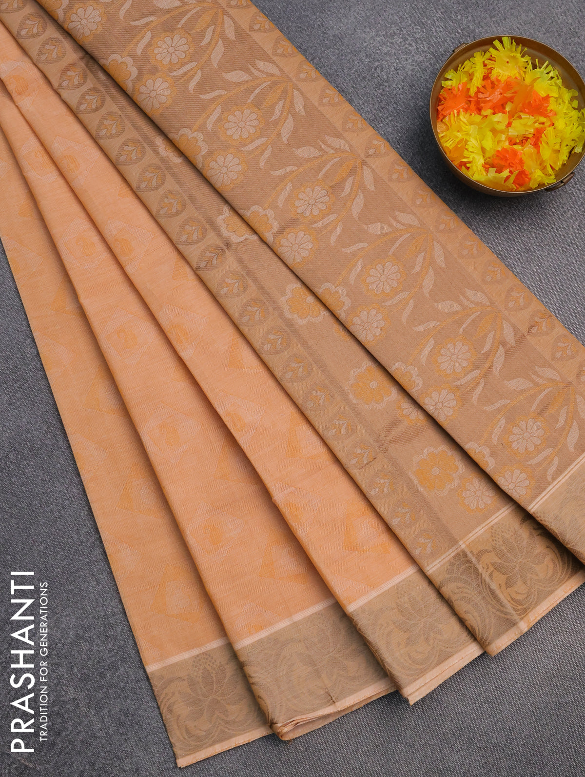 Coimbatore cotton saree pale orange and beige with allover self emboss and thread woven border