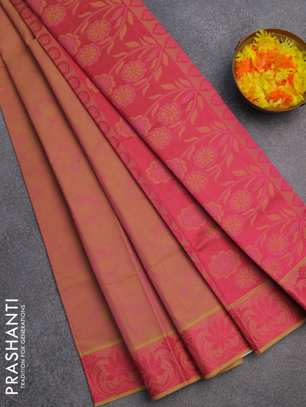 Coimbatore cotton saree dual shade of pinkish yellow and pink with allover self emboss and thread woven border