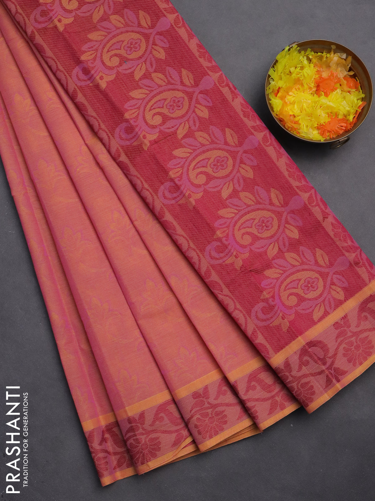 Coimbatore cotton saree dual shade of yellowish pink and pink with allover self emboss and thread woven border