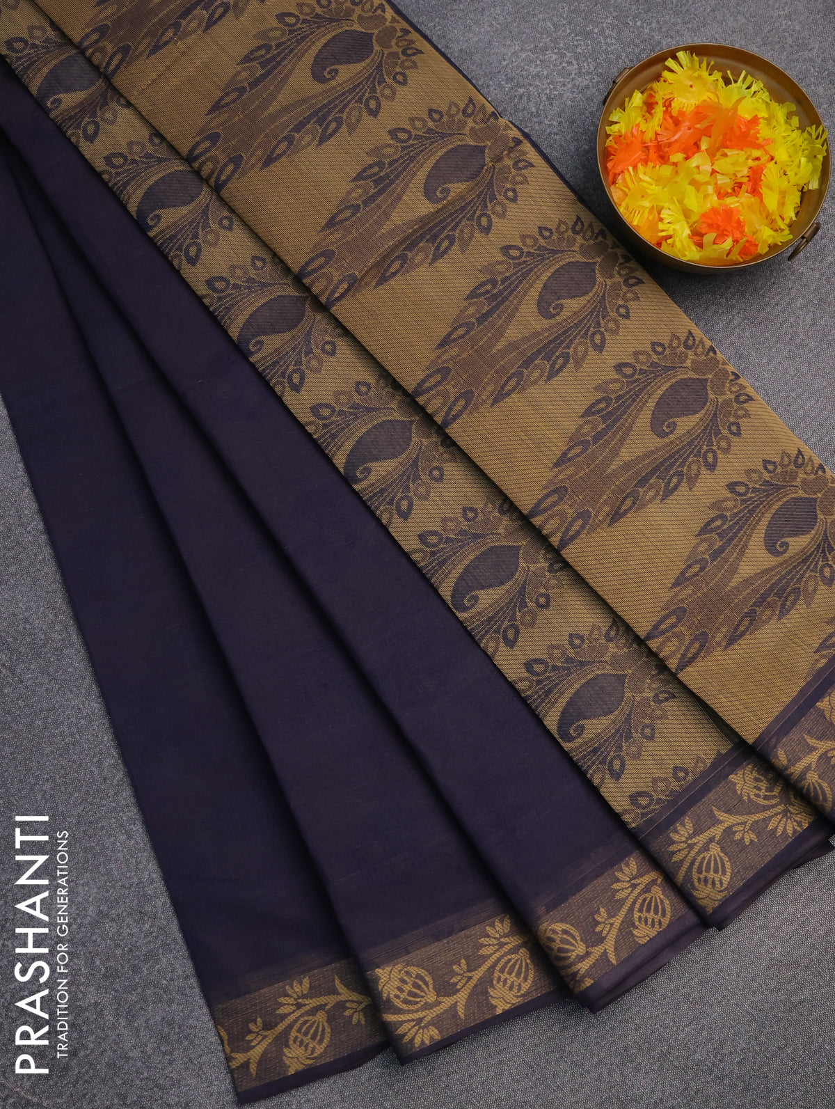Coimbatore cotton saree deep jamun shade and sandal with allover self emboss and thread woven border