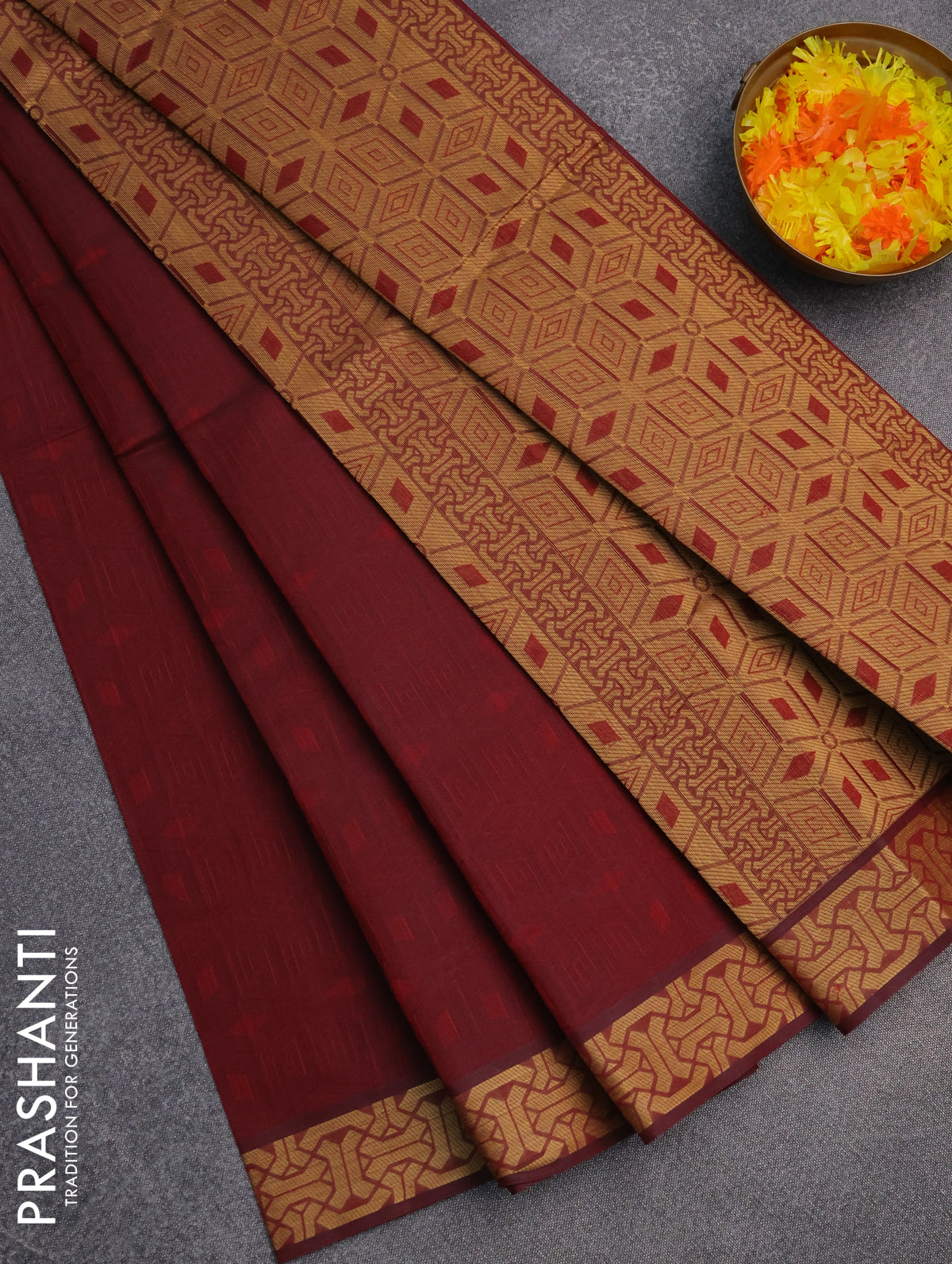 Coimbatore cotton saree maroon and sandal with allover self emboss and thread woven border