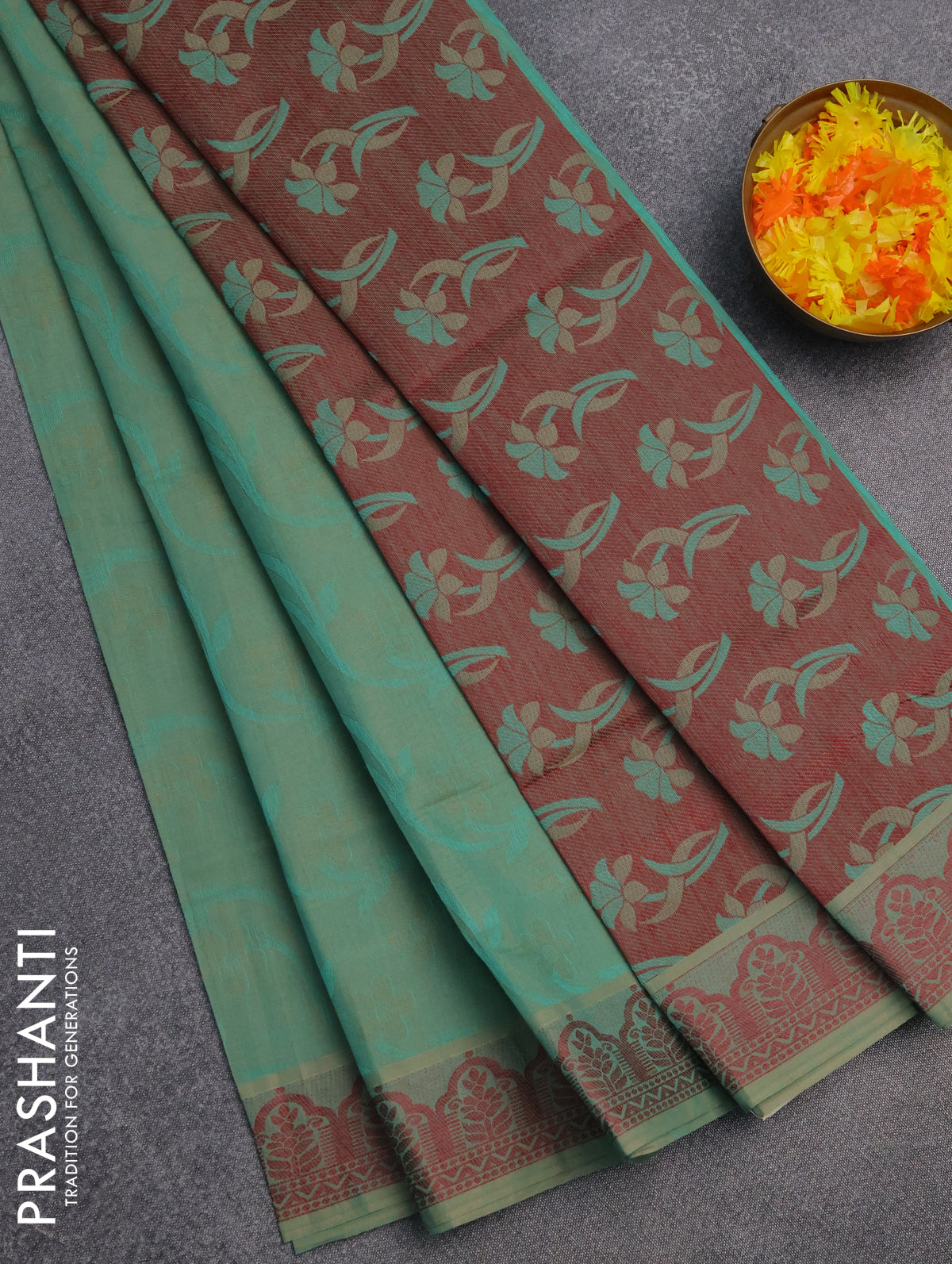 Coimbatore cotton saree dual shade of teal bluish sandal and maroon with allover self emboss and thread woven border