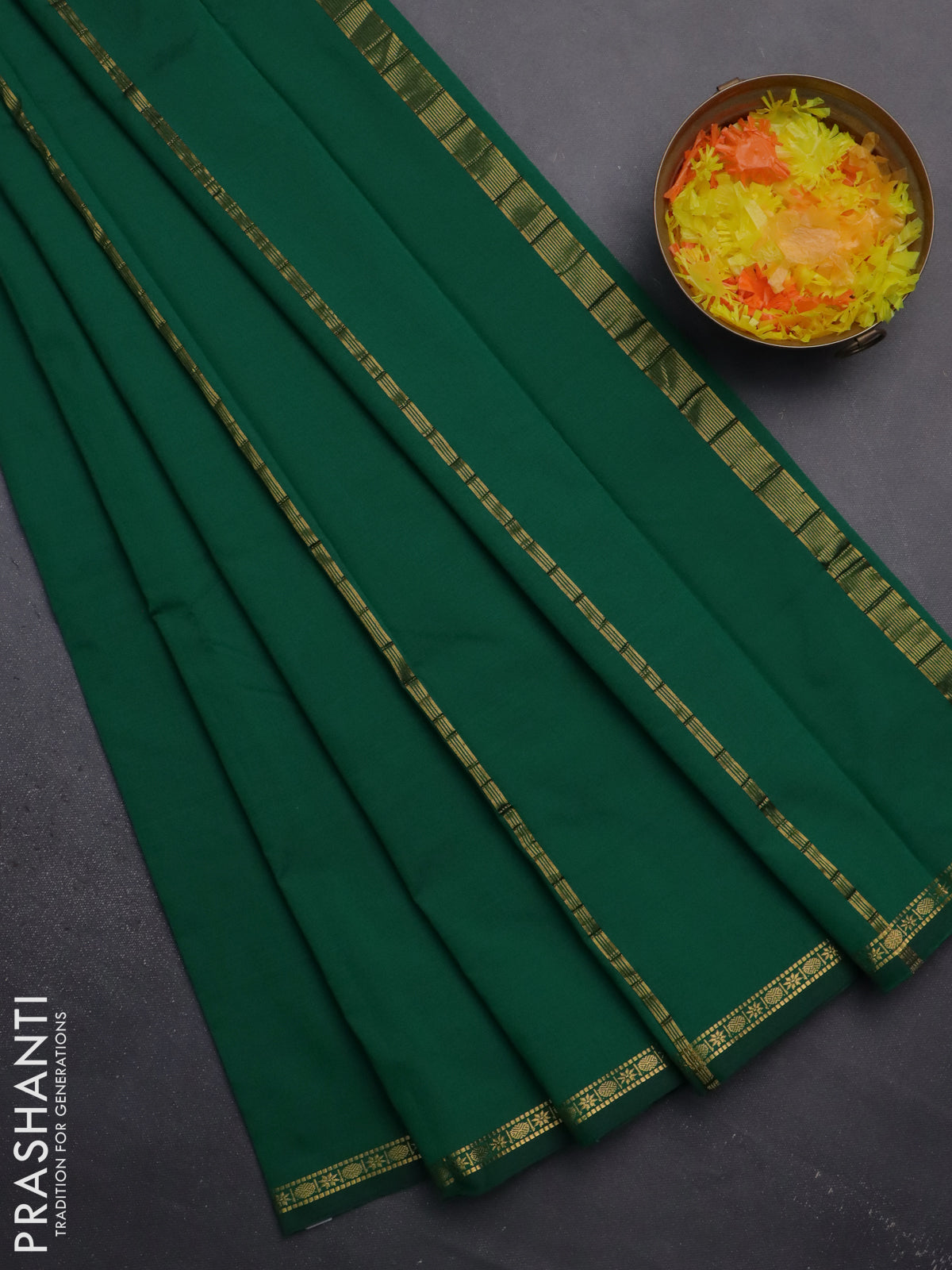 Arani semi silk saree green with plain body and small zari woven border