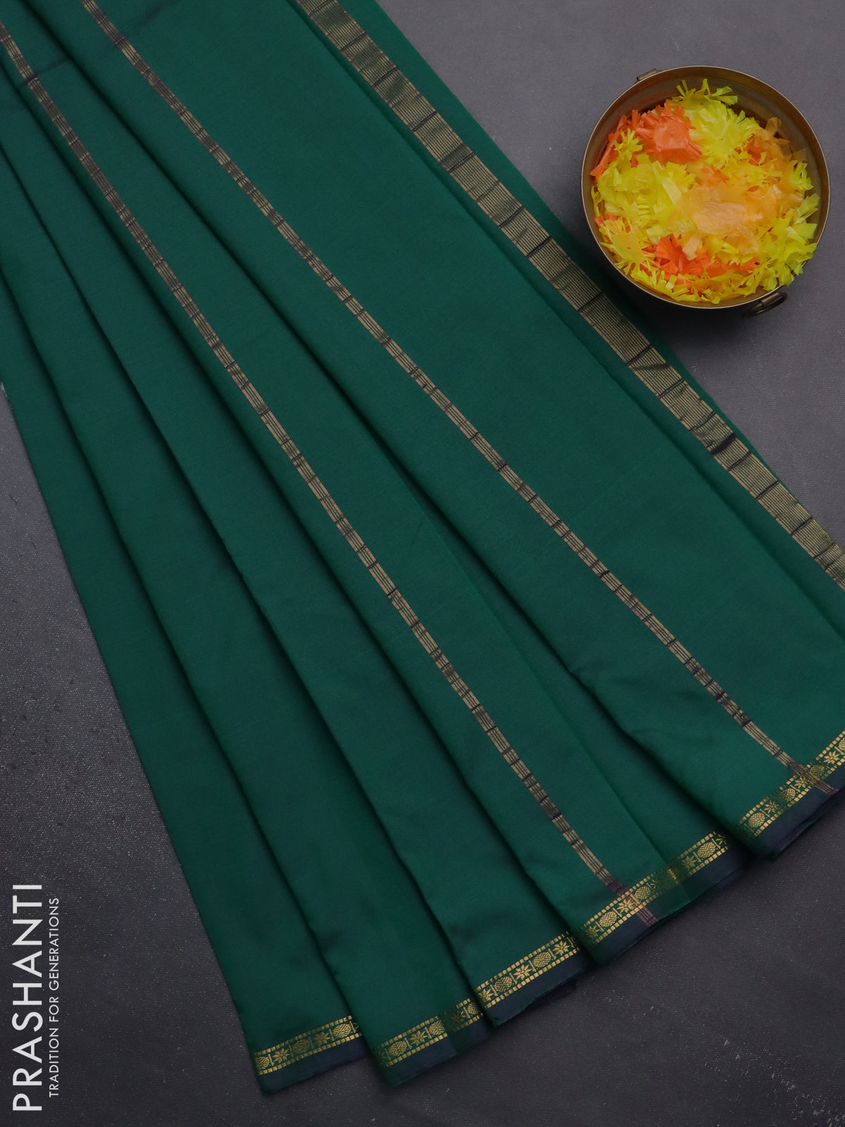 Arani semi silk saree dual shade of green with plain body and small zari woven border