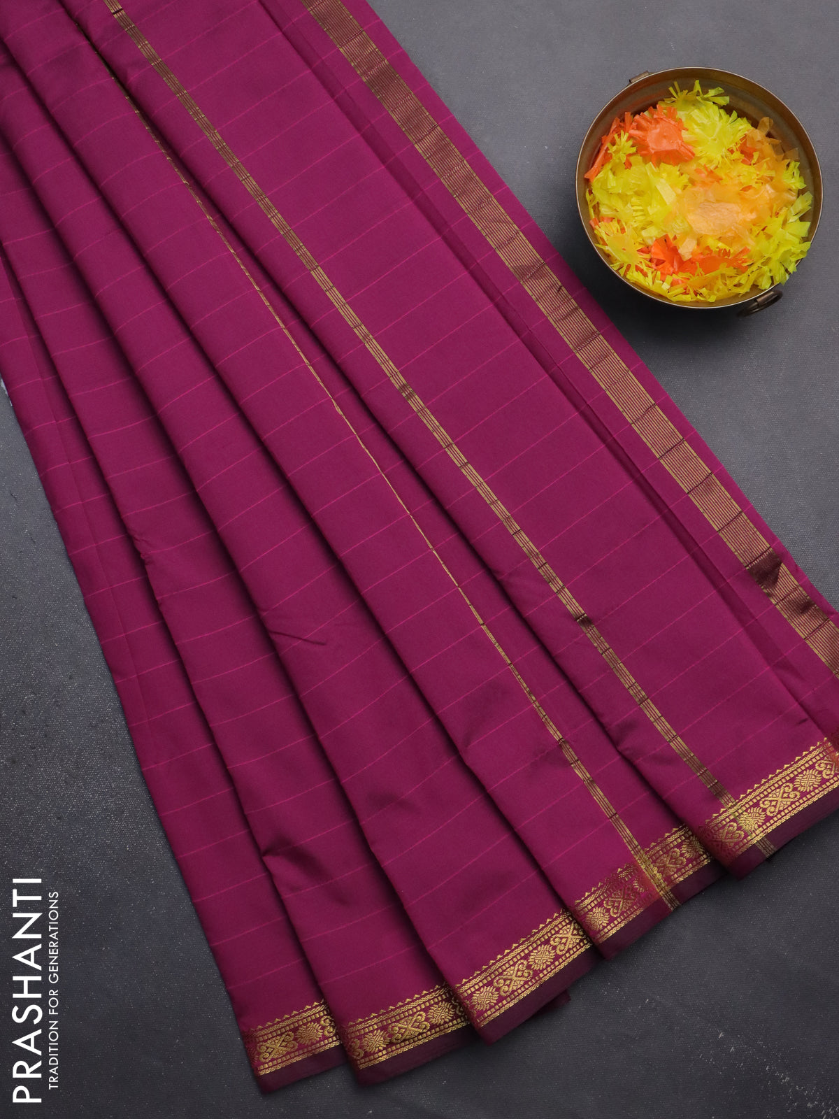 Arani semi silk saree dark magenta pink with plain body and zari woven border