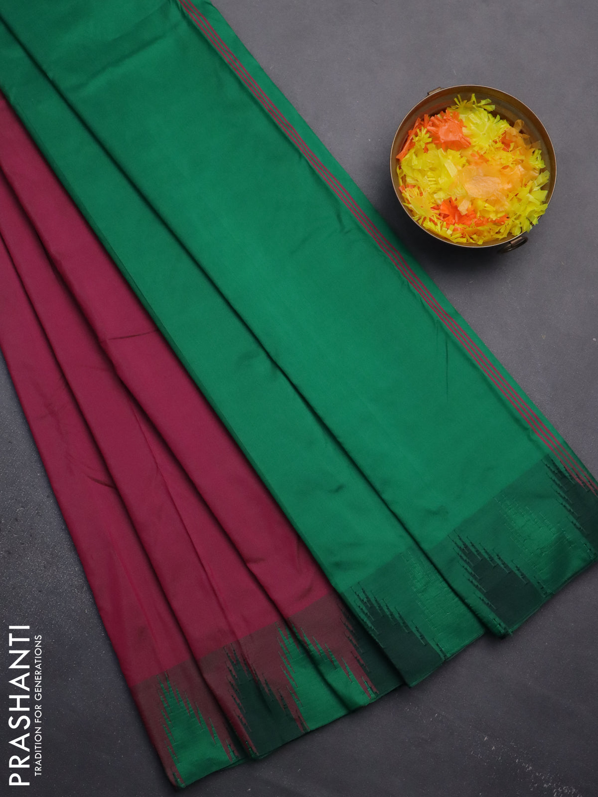 Arani semi silk saree dark magenta pink and green with plain body and temple design border