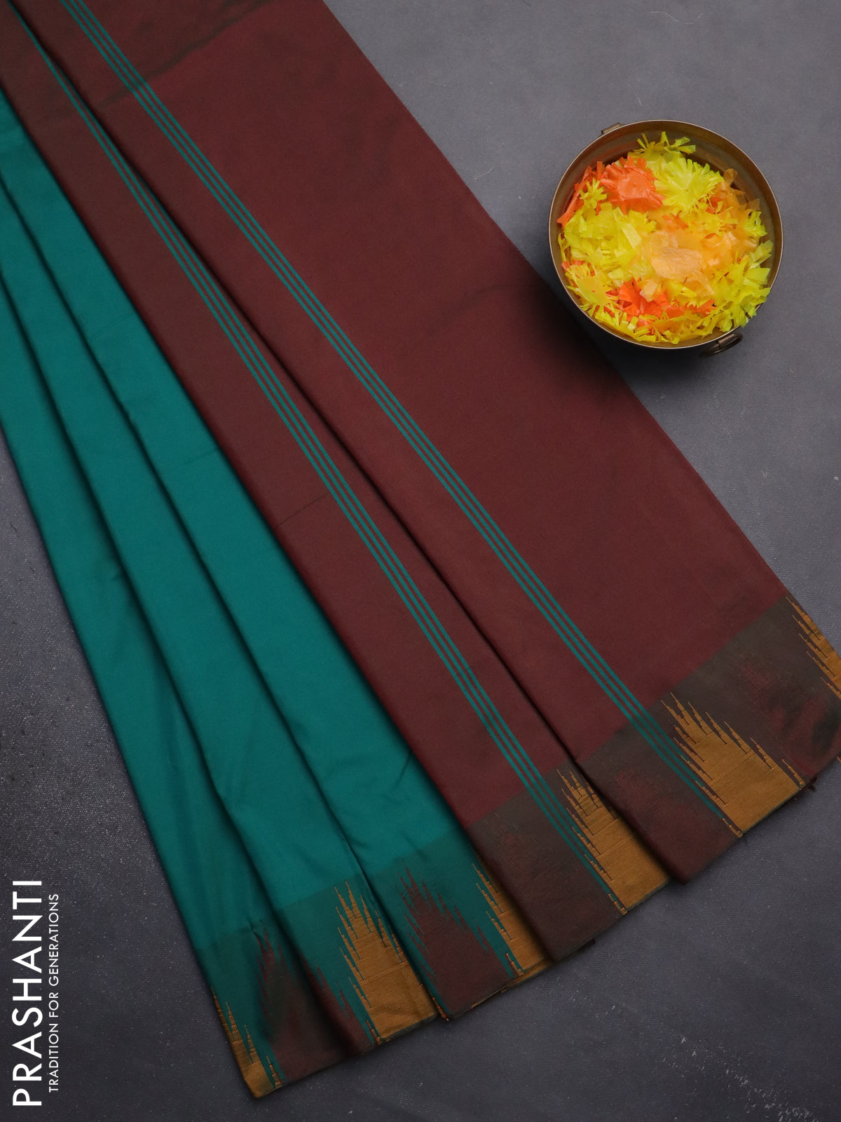 Arani semi silk saree teal green and maroon mustard with plain body and temple design border
