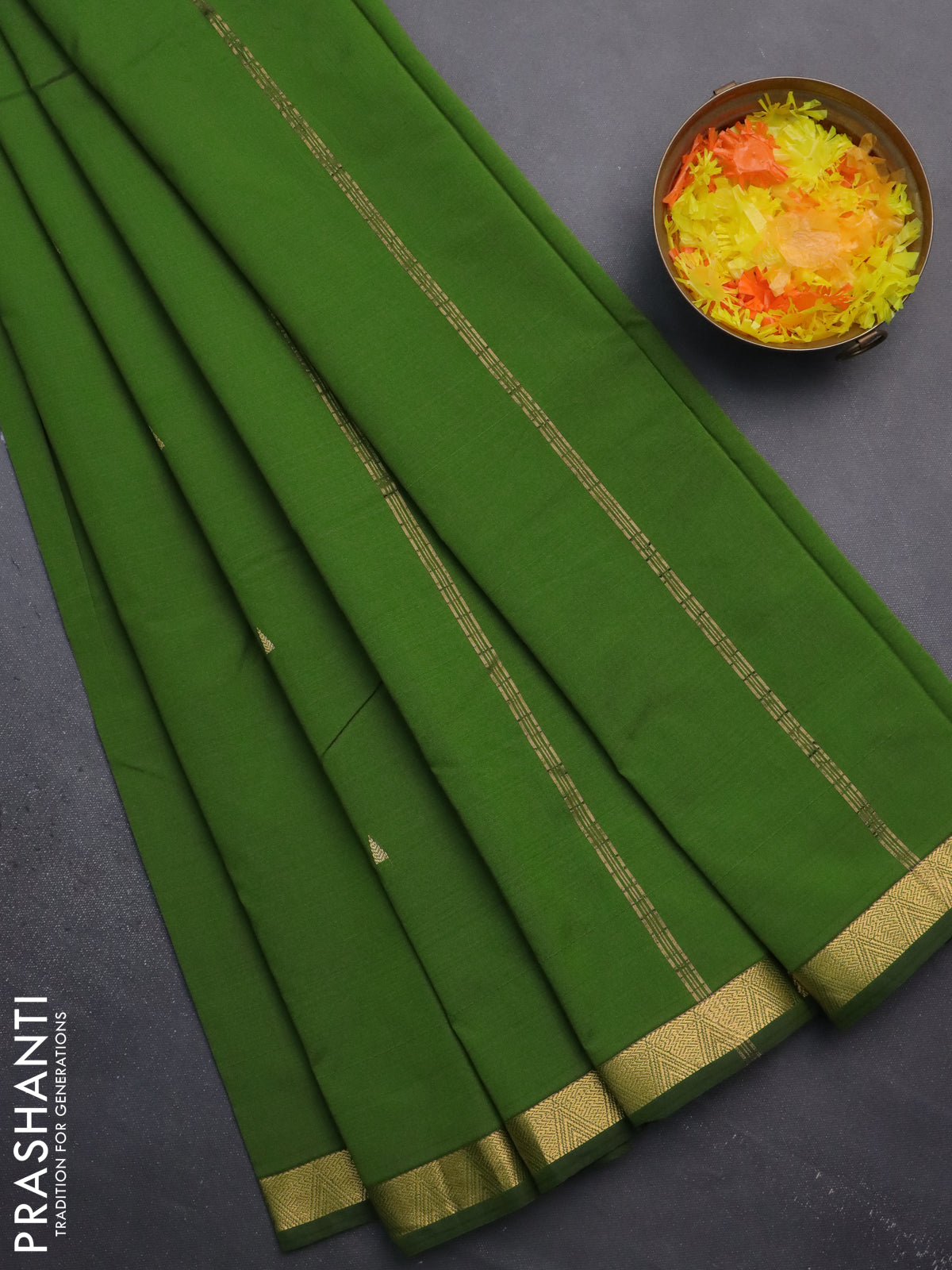 Arani semi silk saree sap green with zari woven temple buttas and zari woven border