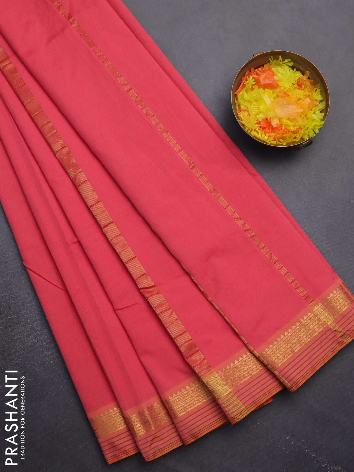 Arani semi silk saree peach pink and dual shade of yellow with plain body and zari woven simple border