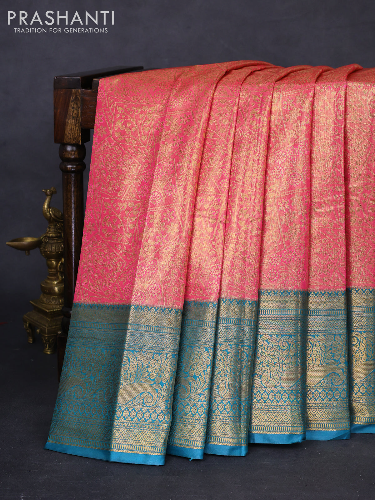 Bangalori tissue silk saree peach pink and teal green with allover zari woven brocade weaves and long zari woven border