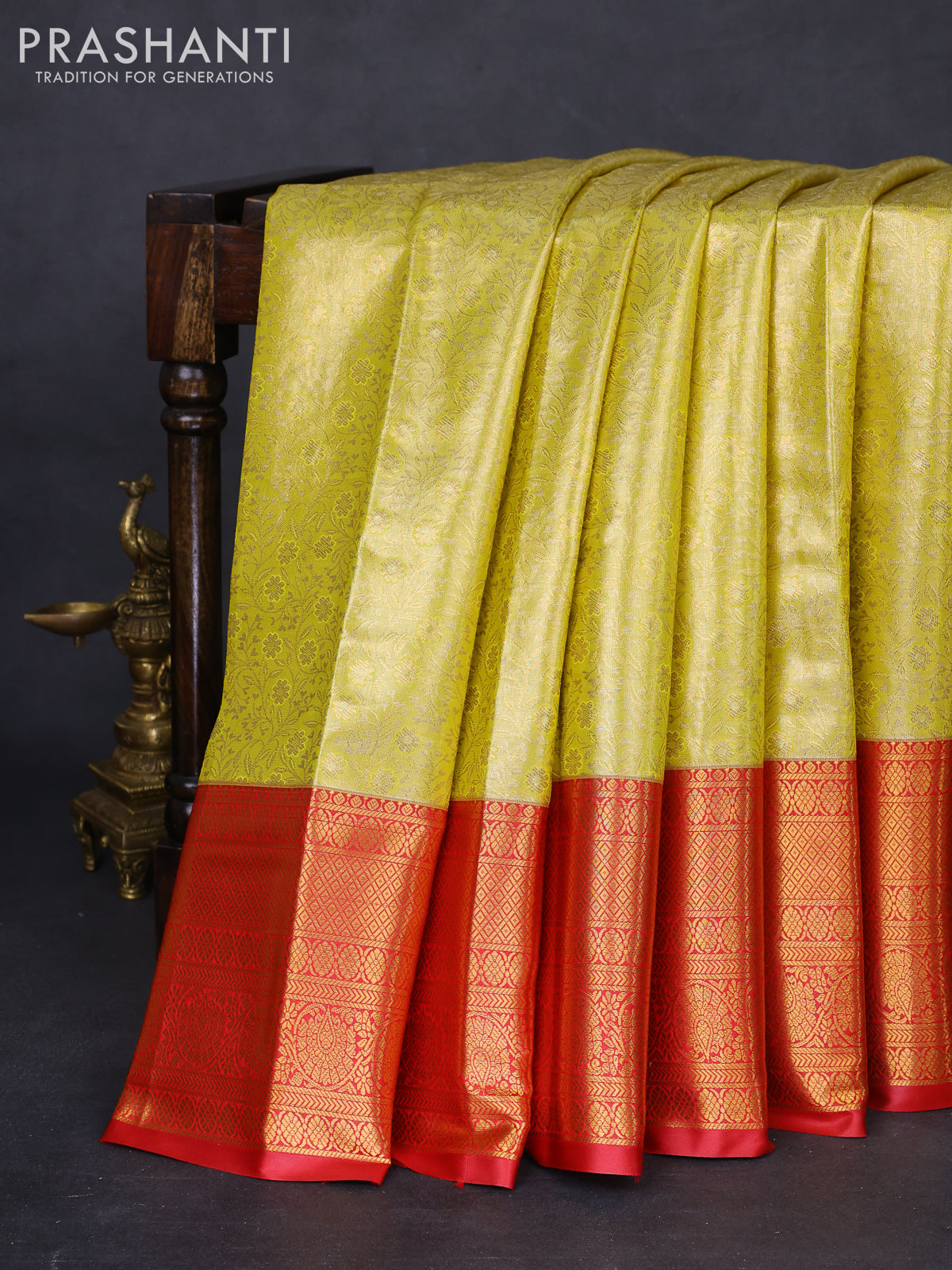 Bangalori tissue silk saree yellow and red with allover zari woven brocade weaves and long zari woven border