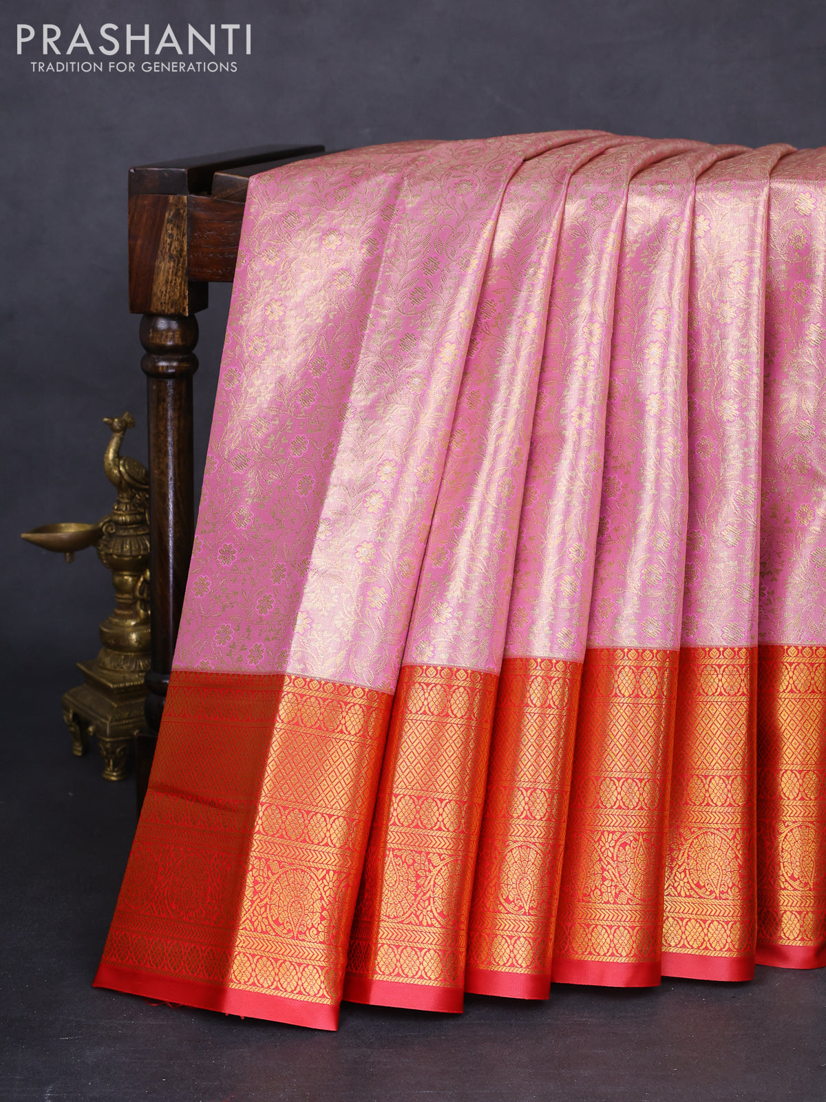 Bangalori tissue silk saree light pink and red with allover zari woven brocade weaves and long zari woven border