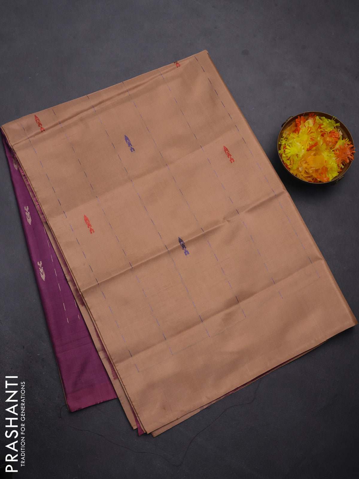 Banana pith saree sandal and wine shade with allover thread woven butta weaves in borderless style