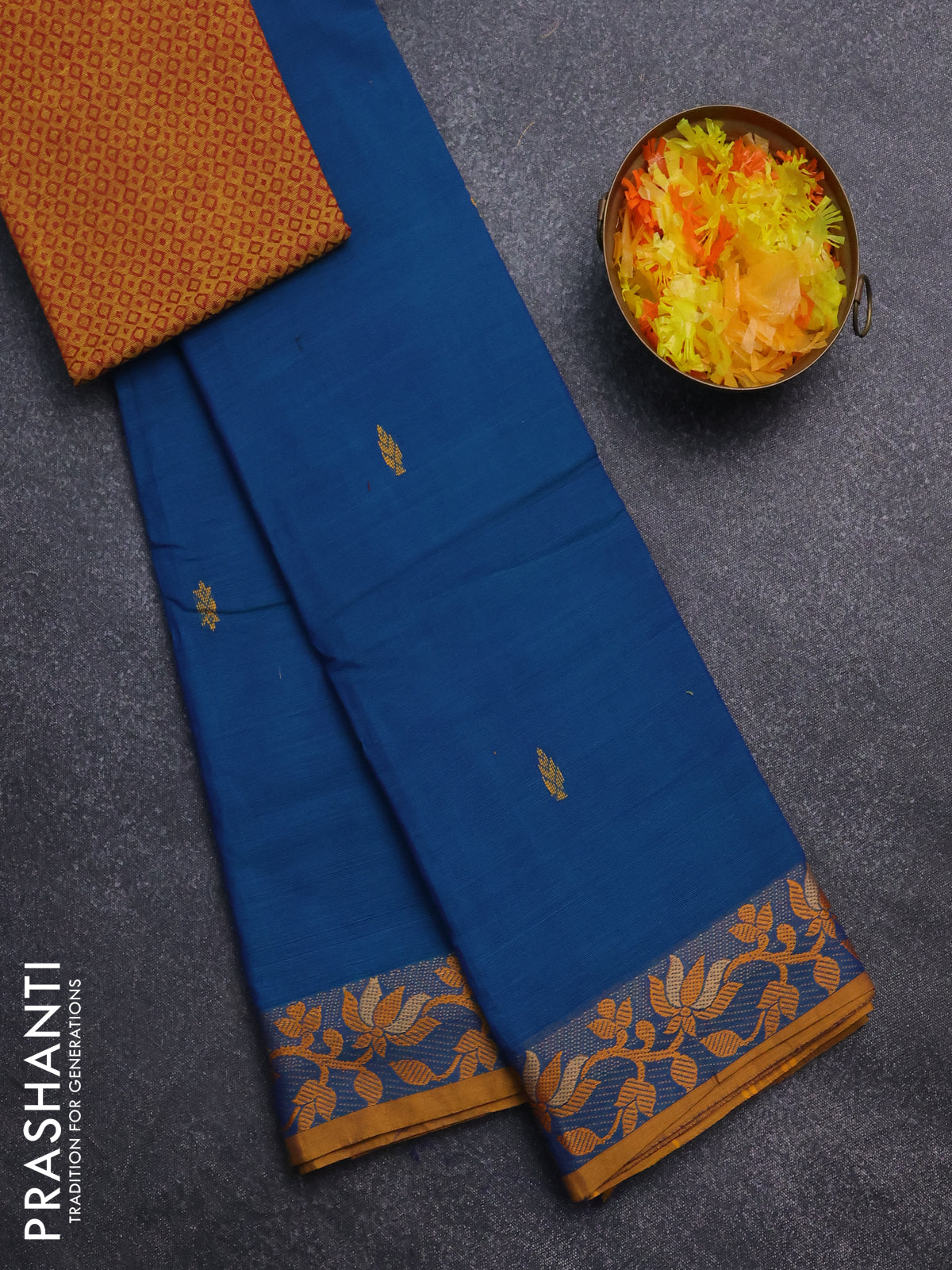 Chettinad cotton saree teal blue and yellow with thread woven buttas and floral design border