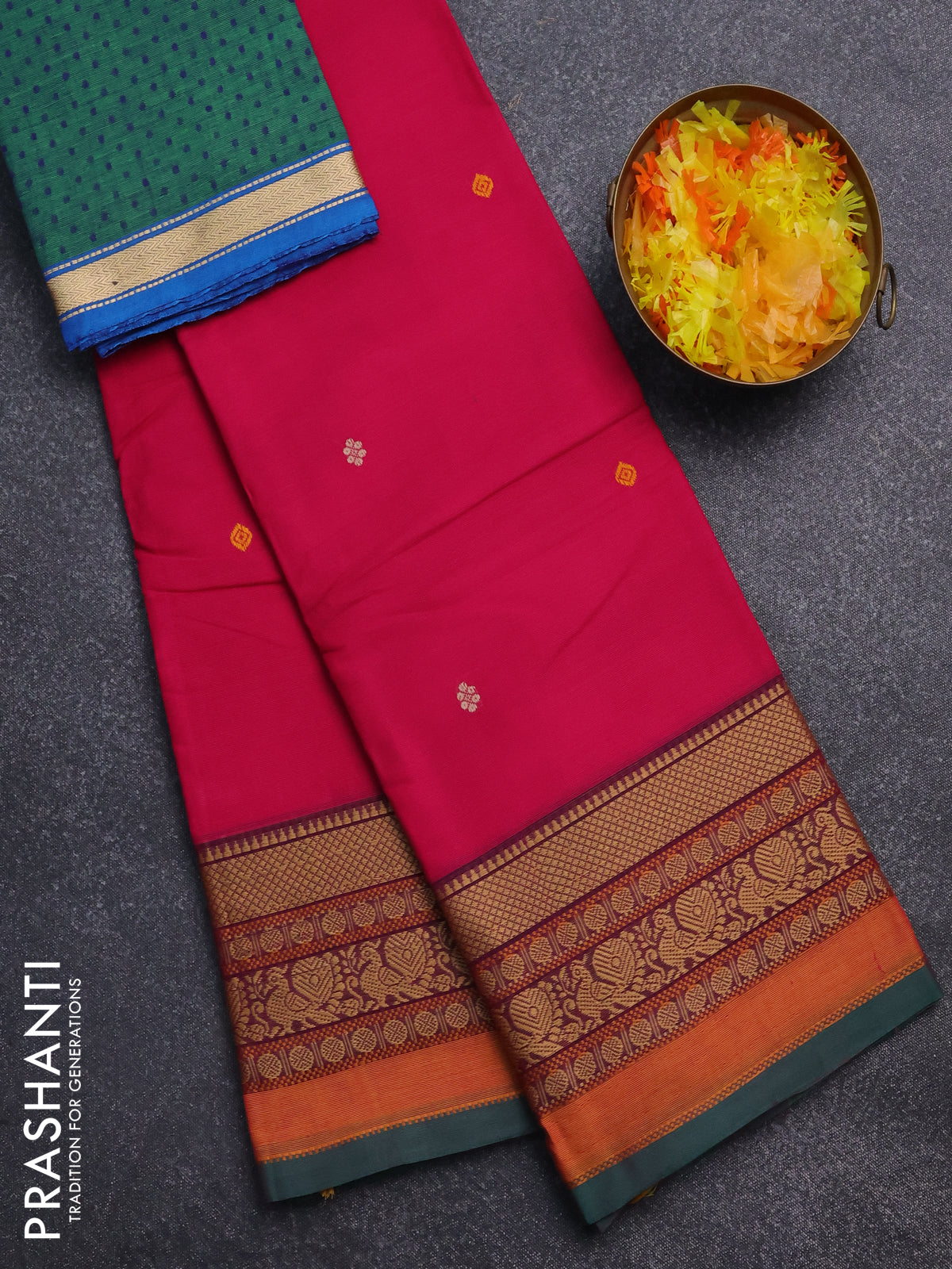 Chettinad cotton saree pink and green with thread woven buttas and thread woven border