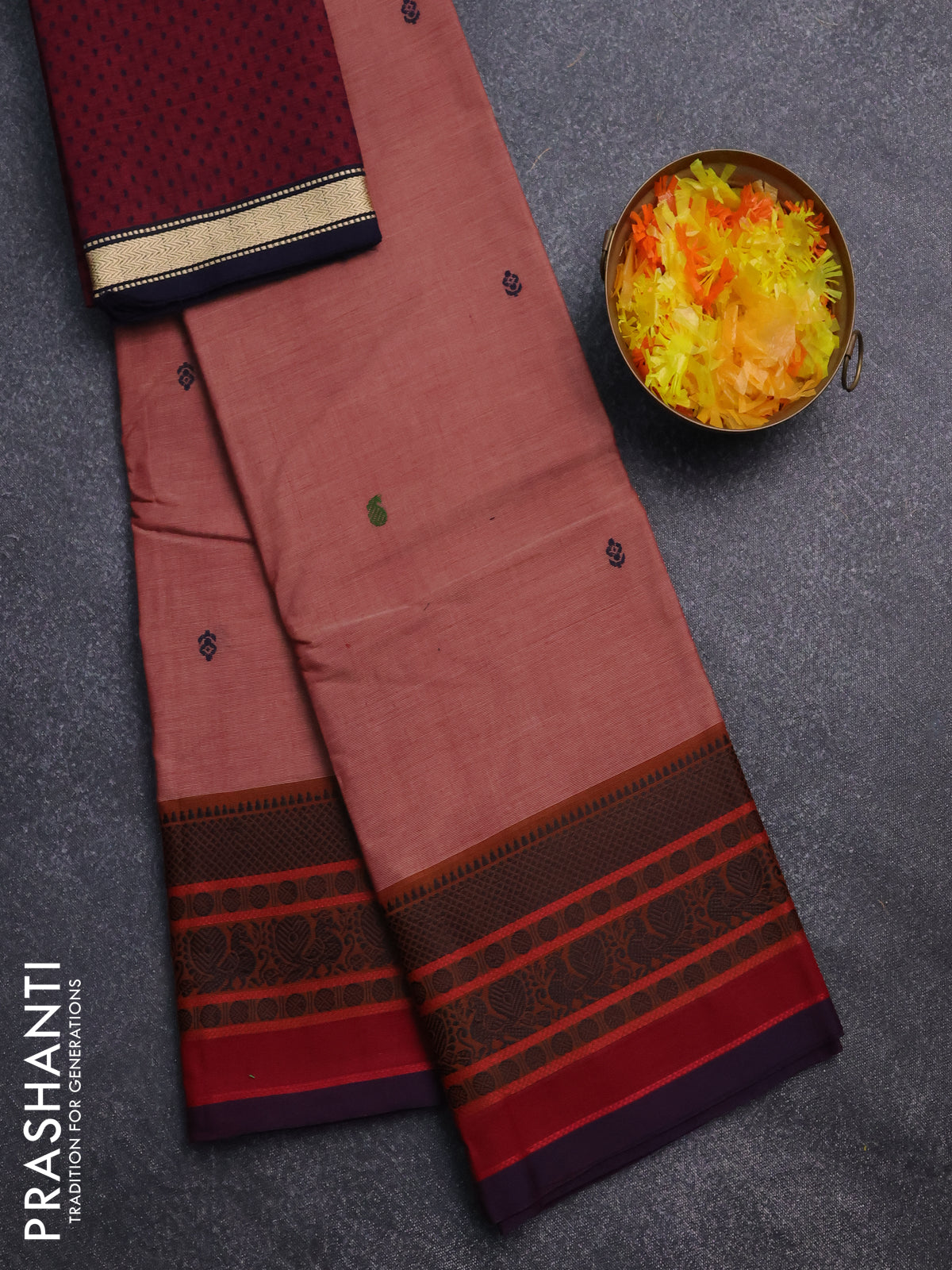 Chettinad cotton saree maroon shade with thread woven buttas and thread woven border