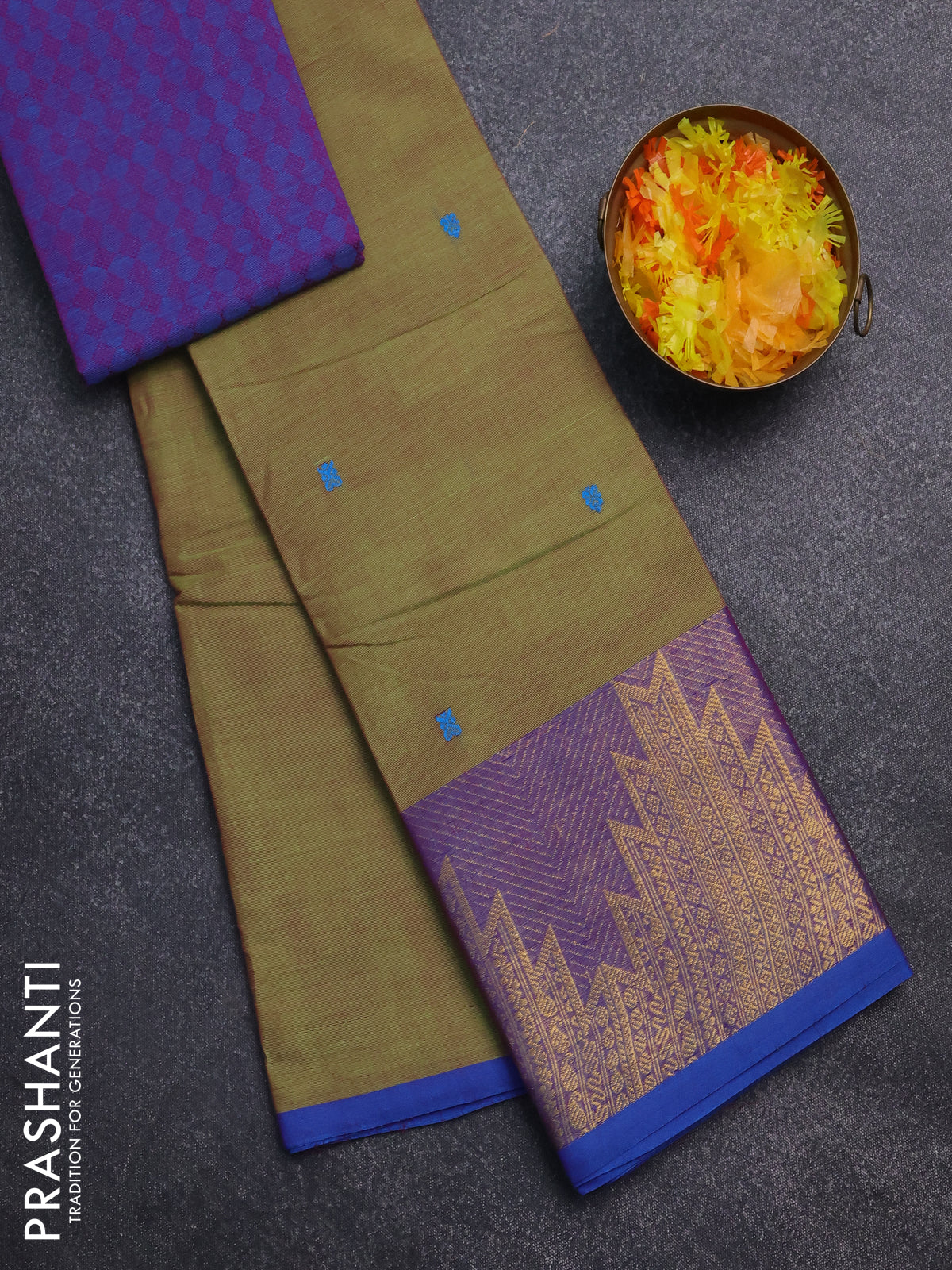 Chettinad cotton saree light green and cs blue with thread woven buttas and temple design zari border