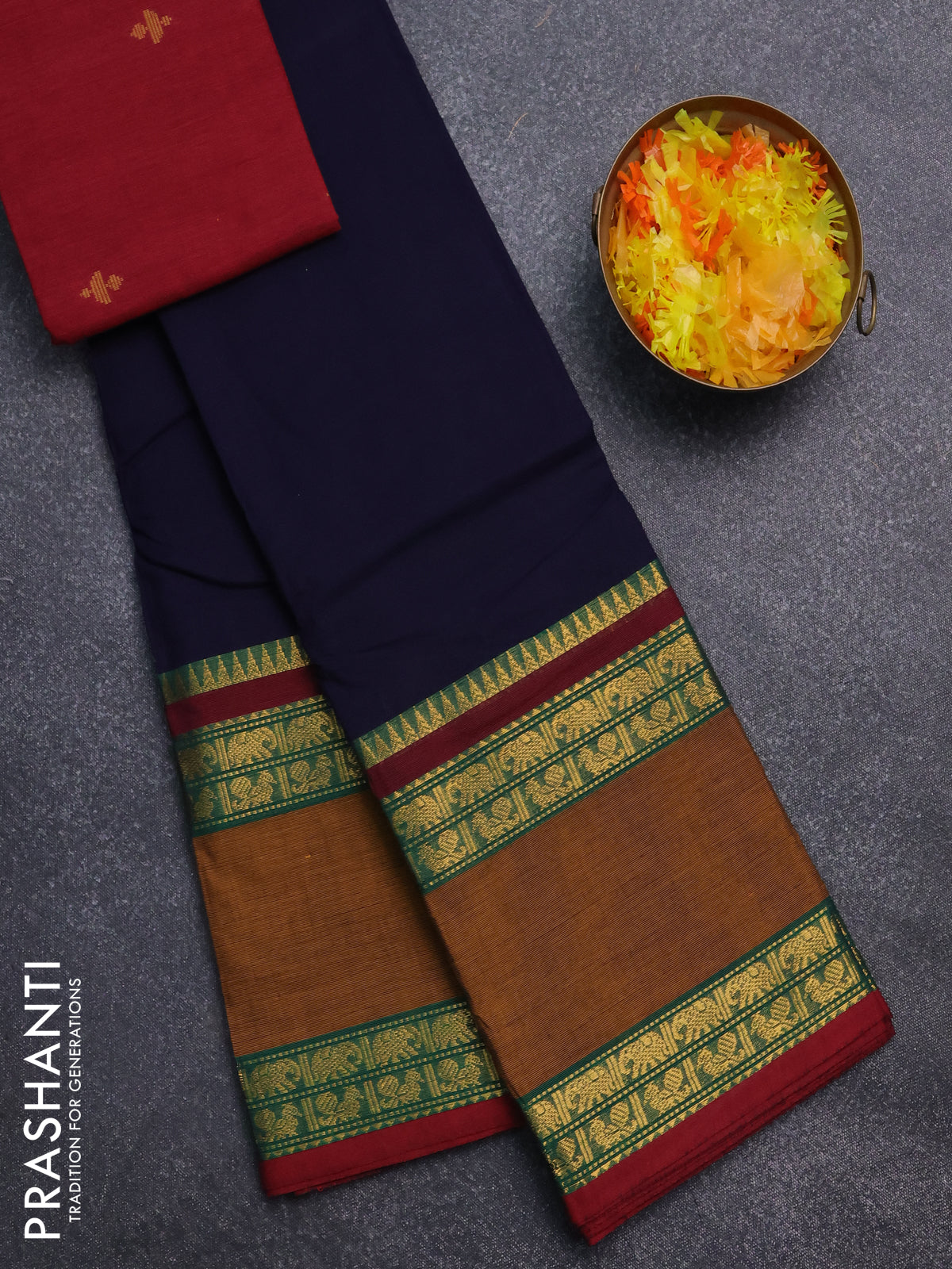 Chettinad cotton saree navy blue and mustard with thread woven buttas and rattapet zari woven border