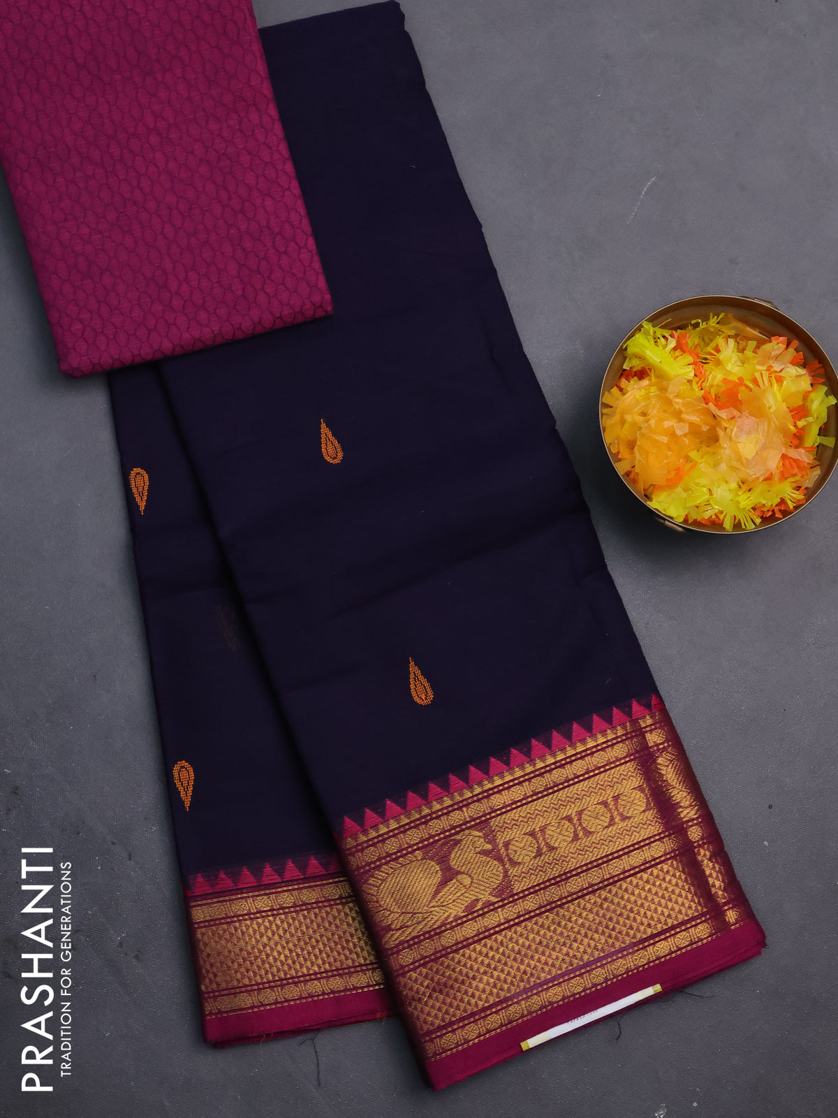 Chettinad cotton saree navy blue and dark magenta pink with thread woven buttas and zari woven border