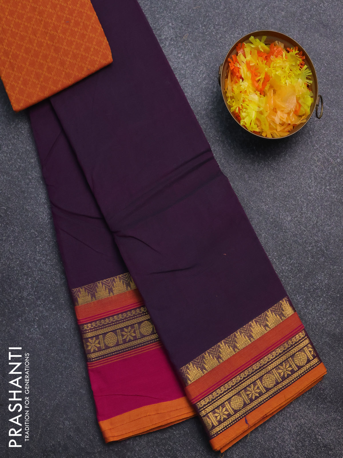Chettinad cotton saree dual shade of purple and pink with thread woven buttas and ganga jamuna border