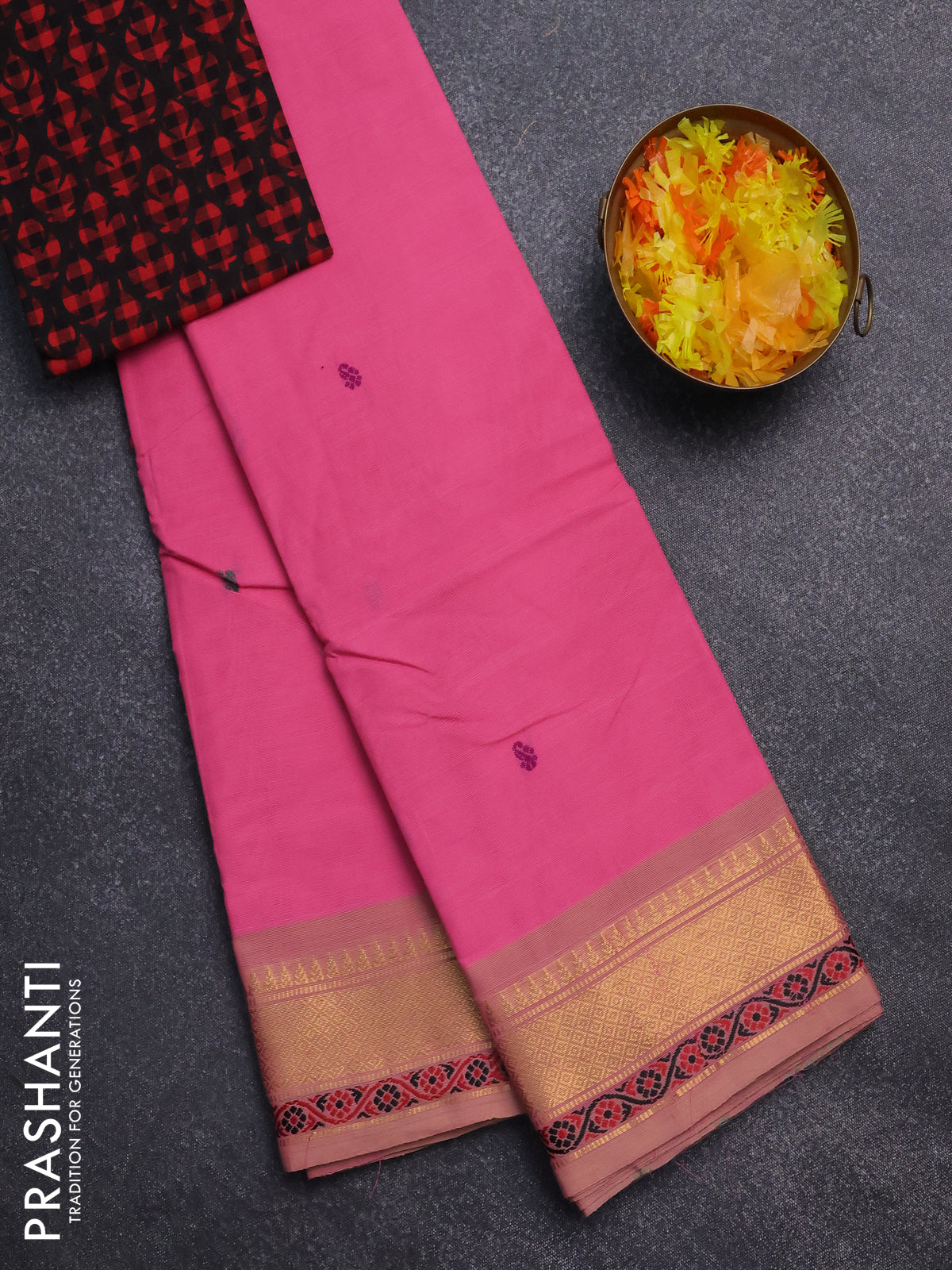 Chettinad cotton saree candy pink and beige with thread woven buttas and zari woven border