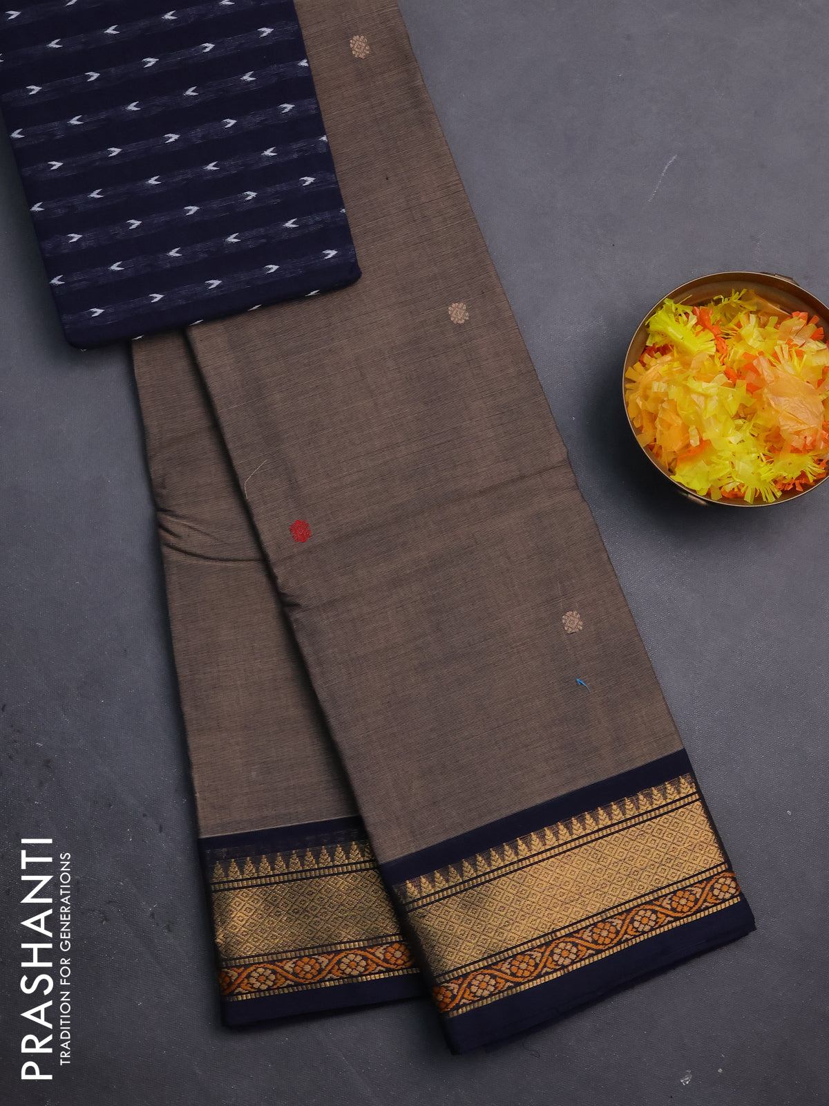 Chettinad cotton saree chikku shade and dark navy blue with thread woven buttas and zari woven border