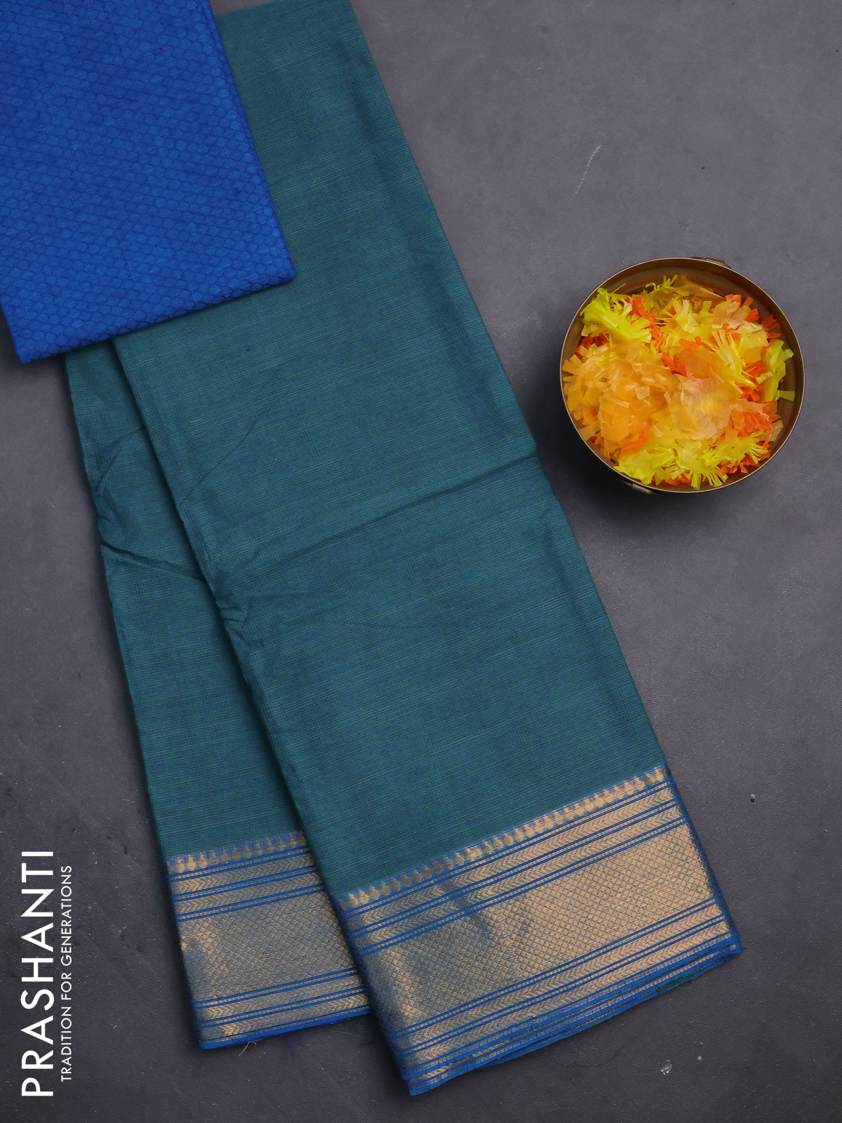 Chettinad cotton saree teal blue shade and cs blue with allover small checked pattern and zari woven border