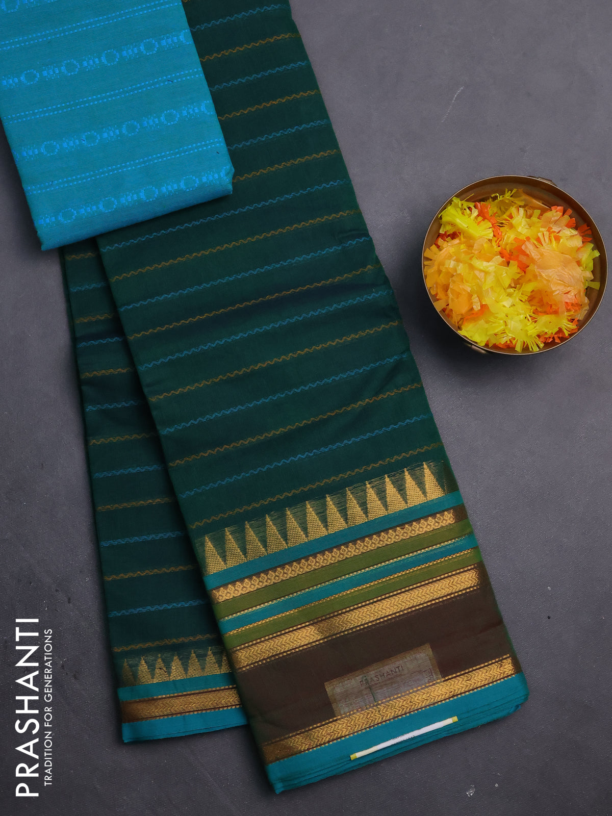Chettinad cotton saree green and teal blue with allover thread woven stripes pattern and zari woven border