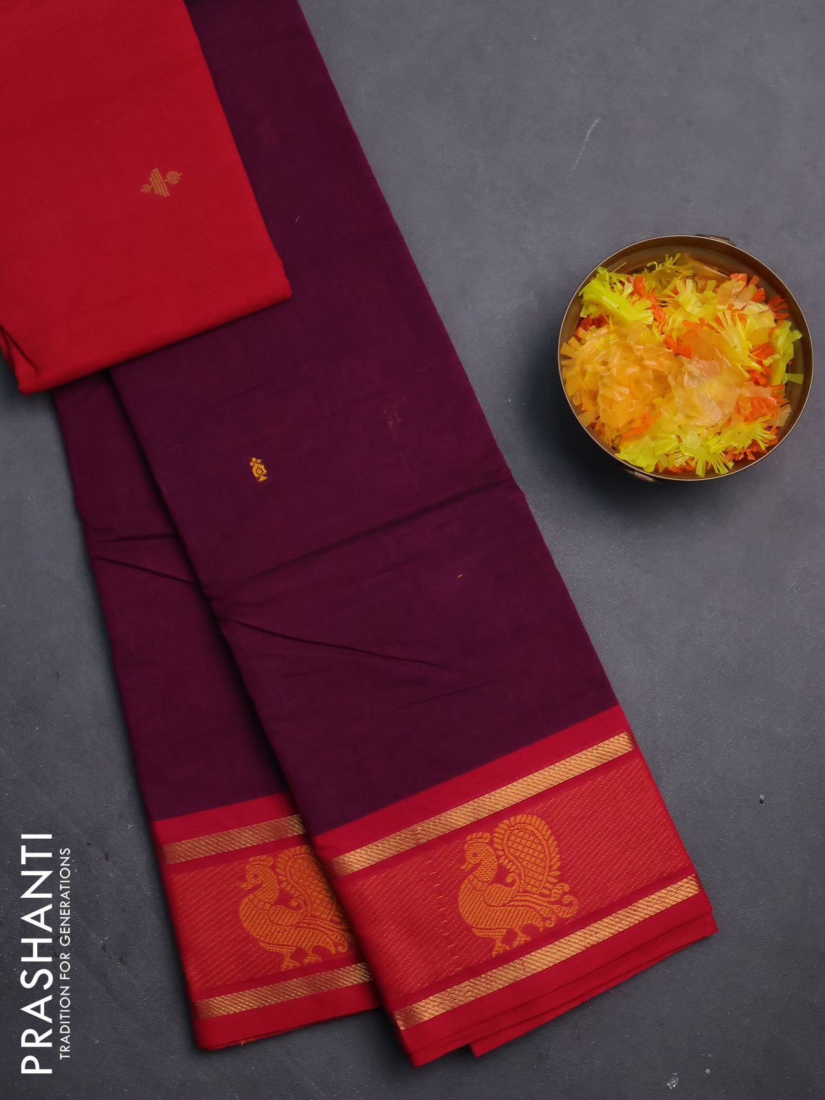 Chettinad cotton saree dark magenta pink and pink with thread woven buttas and zari woven annam butta border