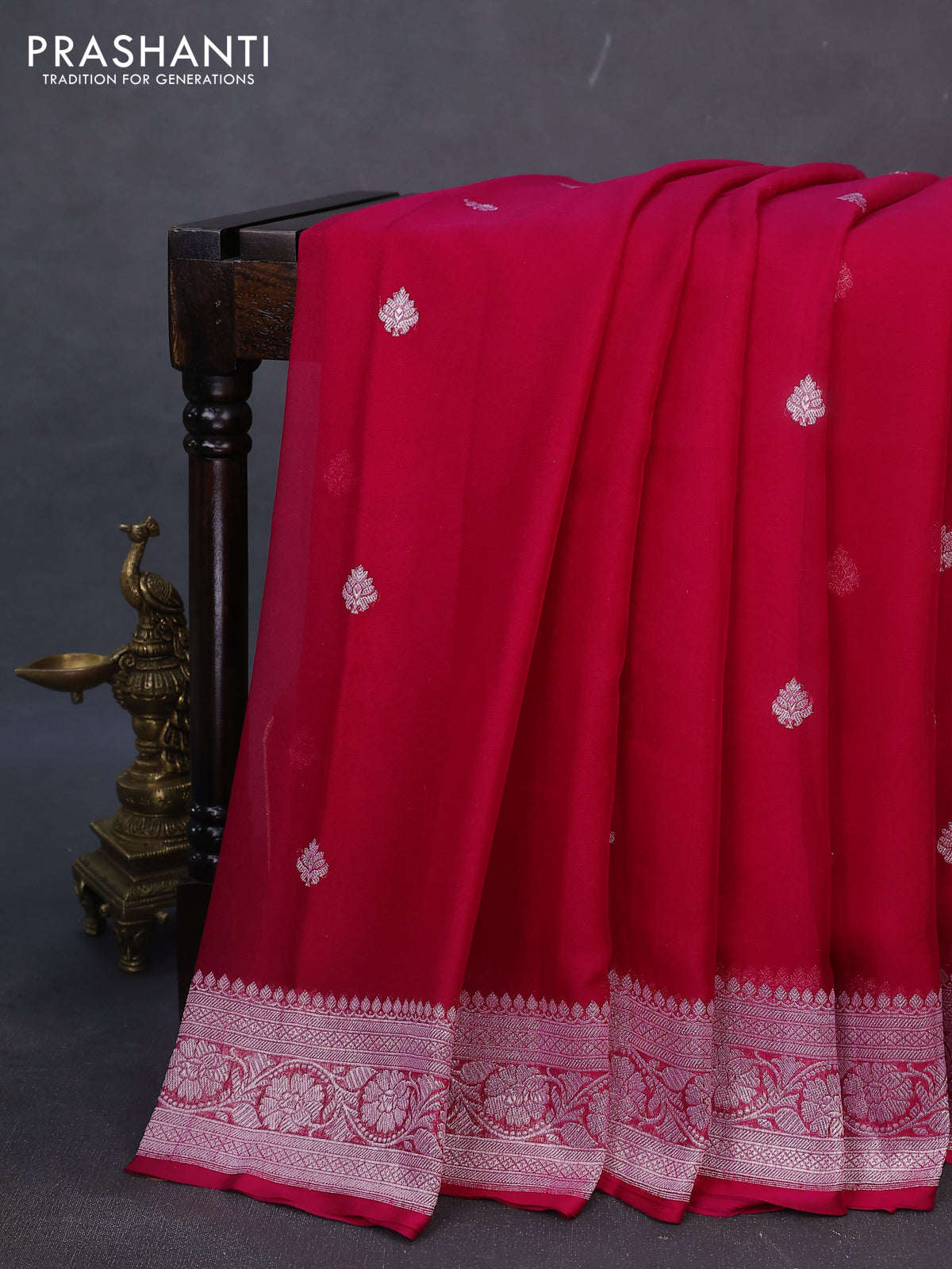 Banarasi chiffon silk saree dark pink with silver zari woven buttas and silver zari woven border