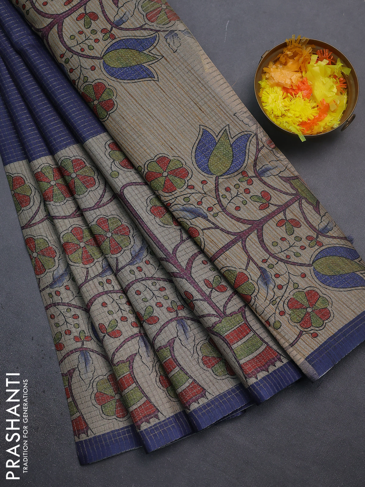 Chappa saree dark blue and beige with allover small zari checked pattern and floral digital printed pallu