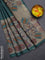 Chappa saree peacock green and beige with allover small zari checked pattern and floral digital printed pallu