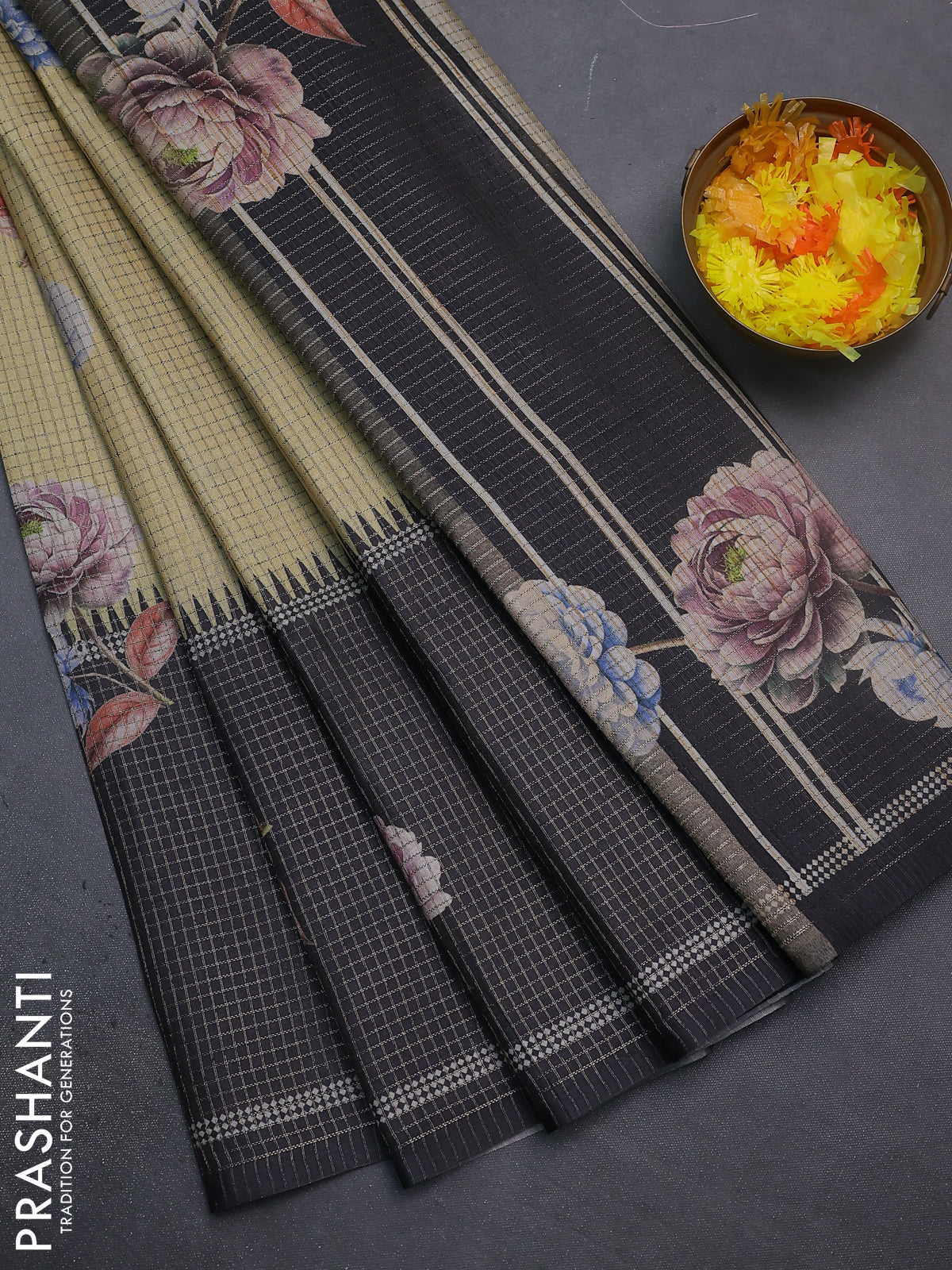 Chappa saree sandal and black with allover small zari checked pattern & floral digital prints and ganga jamuna border