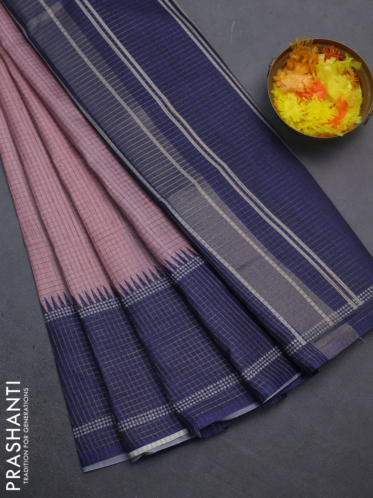 Chappa saree pastel pink and dark blue with allover small zari checked pattern and temple design zari woven border