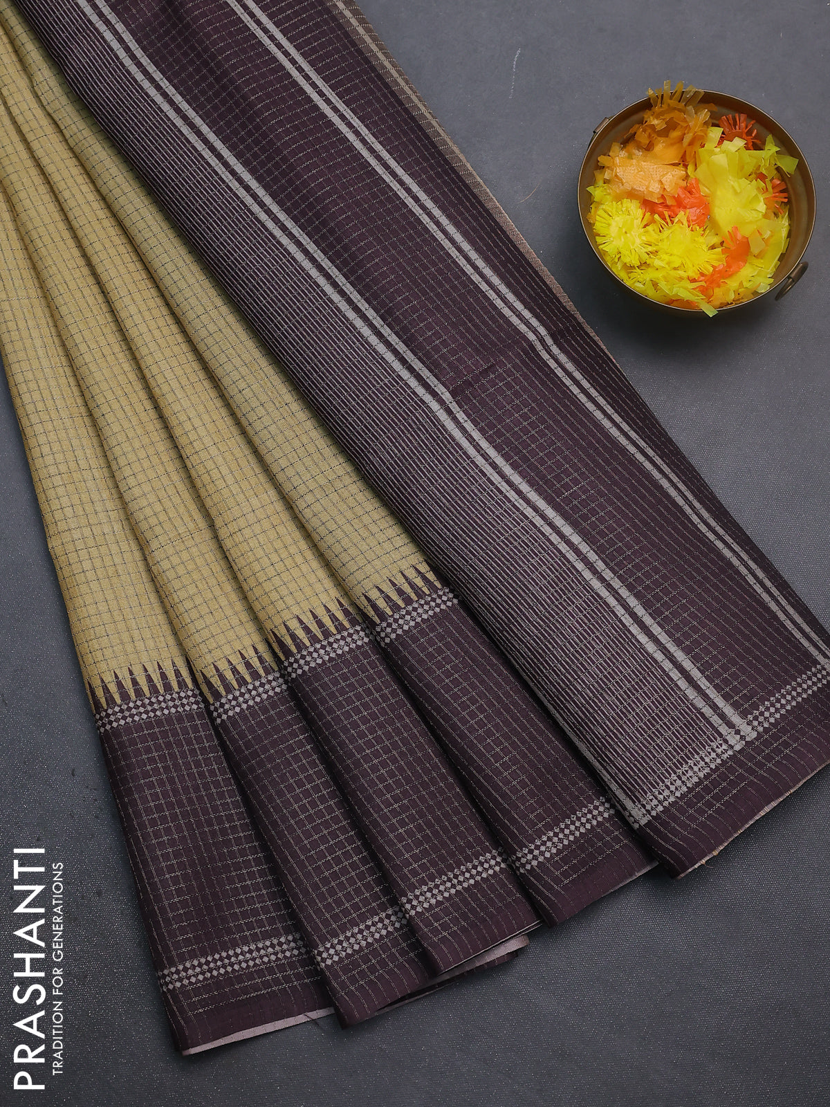 Chappa saree pale yellow and deep wine shade with allover small zari checked pattern and temple design zari woven border