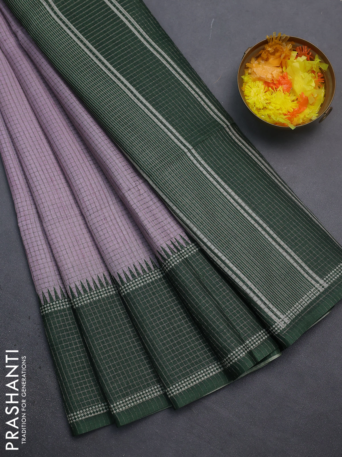 Chappa saree pastel lavender and dark green with allover small zari checked pattern and temple design zari woven border