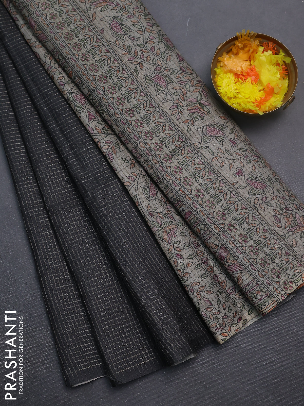 Chappa saree black and beige with allover small zari checked pattern and madhubani printed pallu
