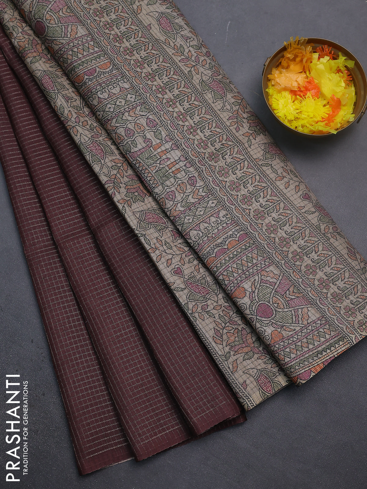 Chappa saree brown and beige with allover small zari checked pattern and madhubani printed pallu