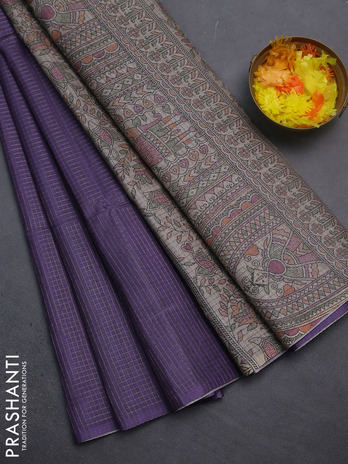 Chappa saree violet and beige with allover small zari checked pattern and madhubani printed pallu