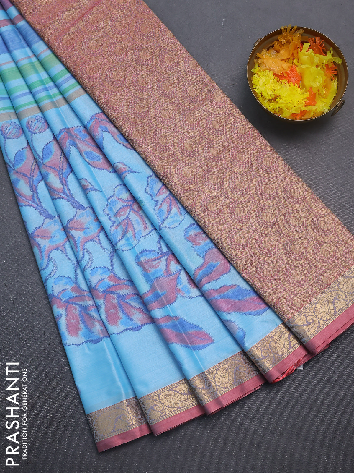 Bangalori semi silk saree light blue and red shade with allover ikat weaves and zari woven border