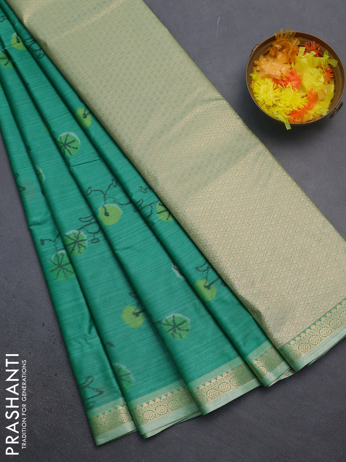 Bangalori semi silk saree teal green and light green shade with allover ikat butta weaves and zari woven border