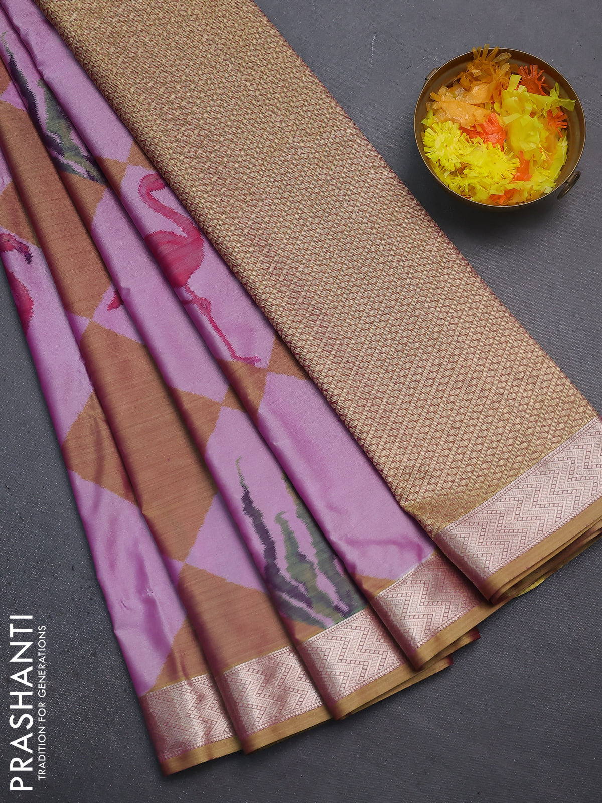 Bangalori semi silk saree mild purple and mehendi green with allover ikat weaves and zari woven border
