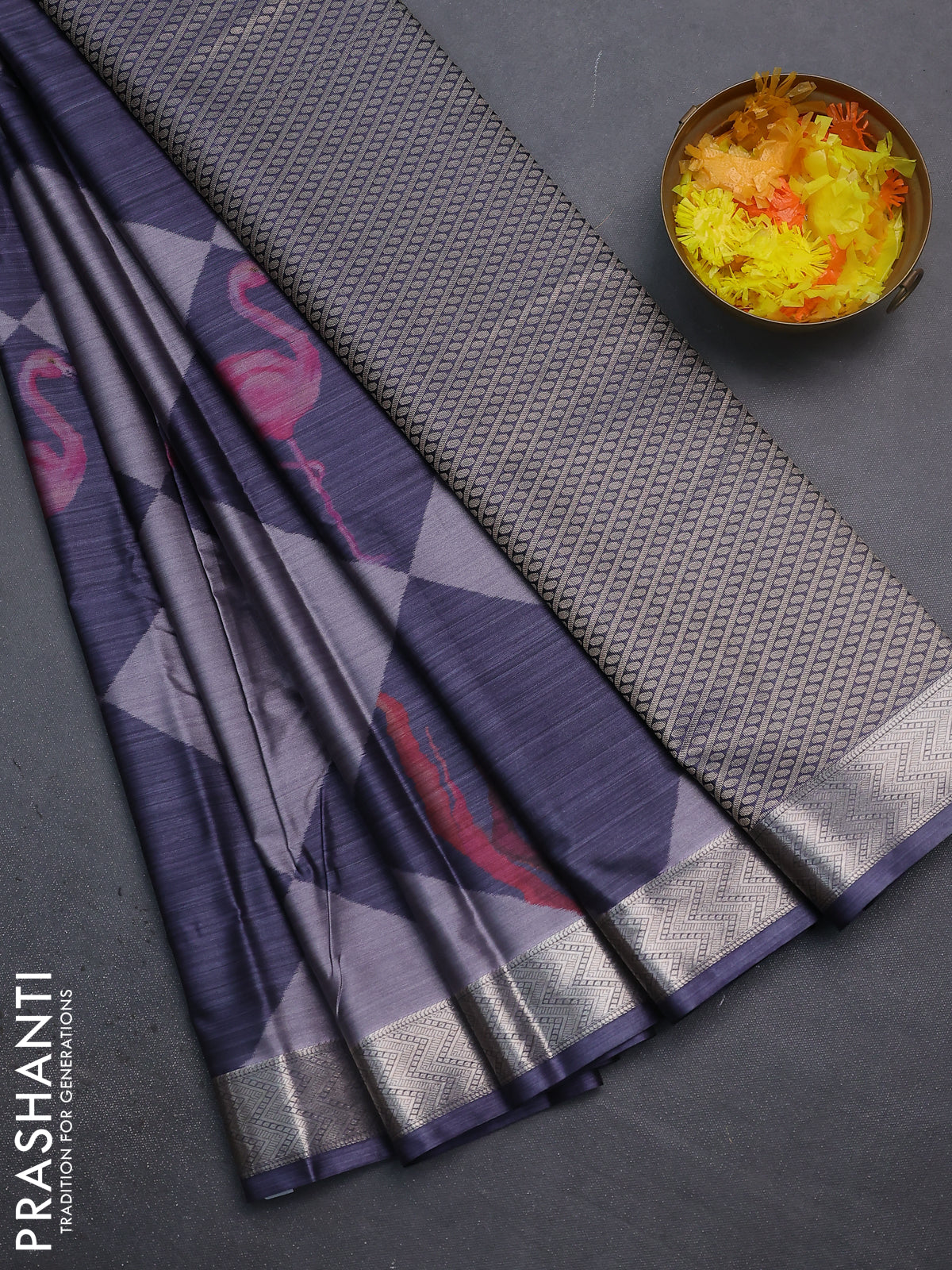 Bangalori semi silk saree grey and dark grey with allover ikat weaves and zari woven border